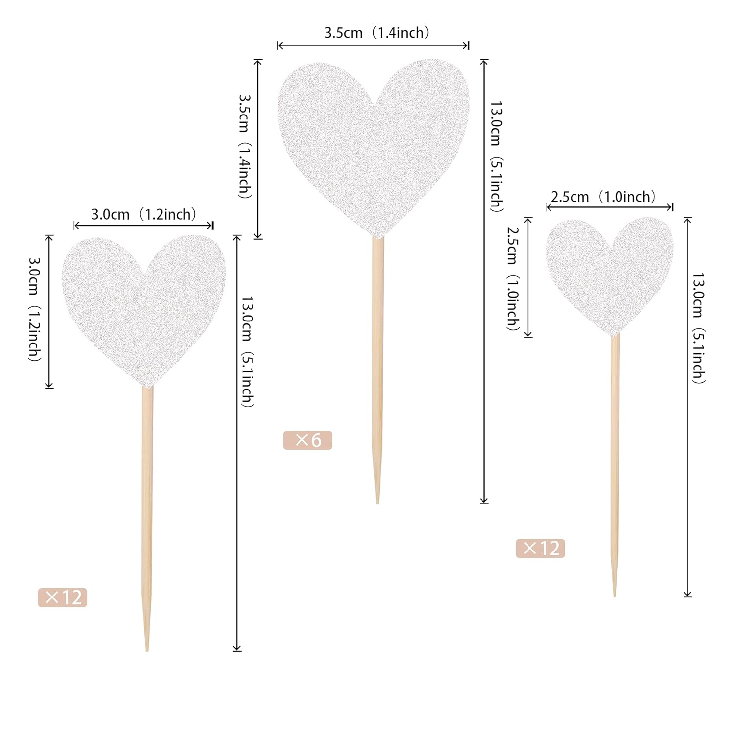 30PCS Glitter Love Heart Cupcake Toppers