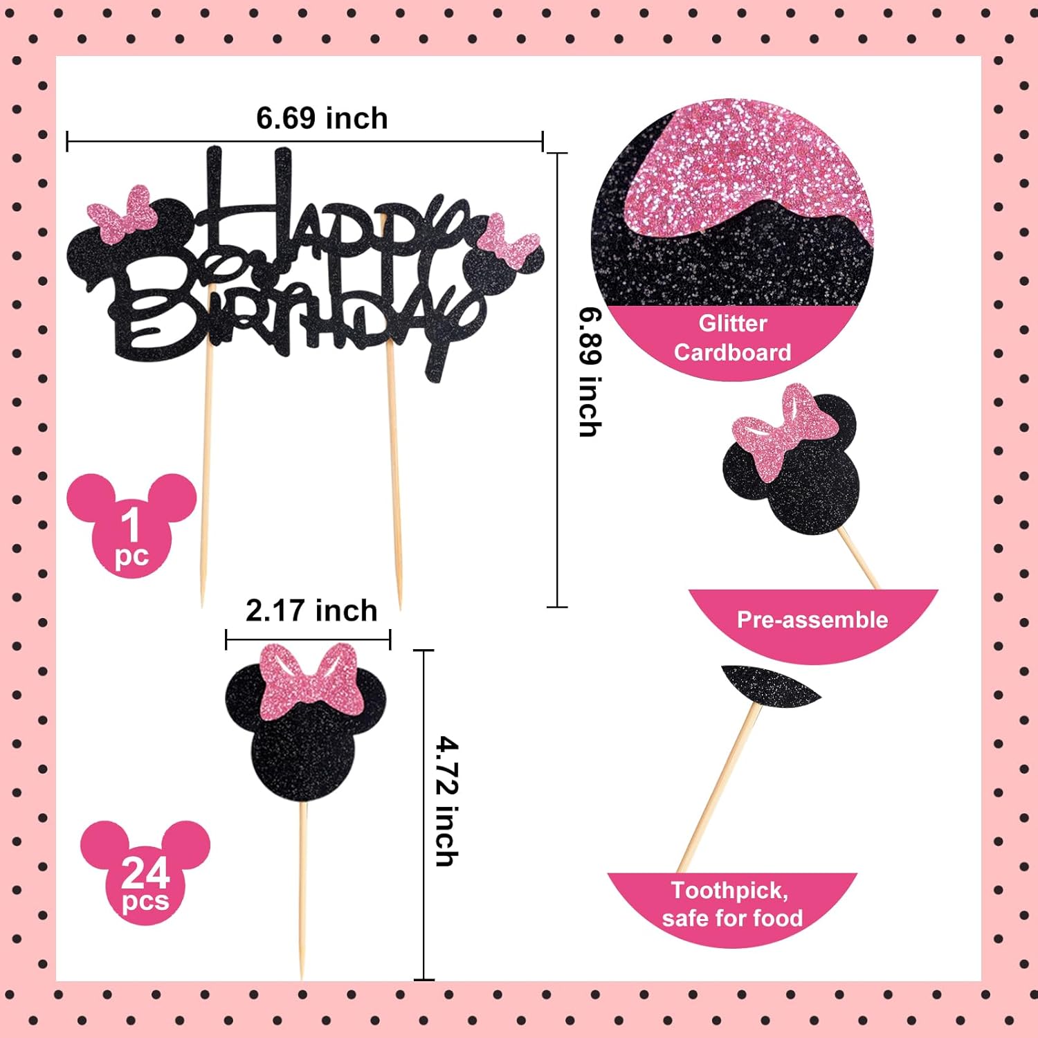 25Pcs Glitter Mouse Cupcake Toppers with Bow