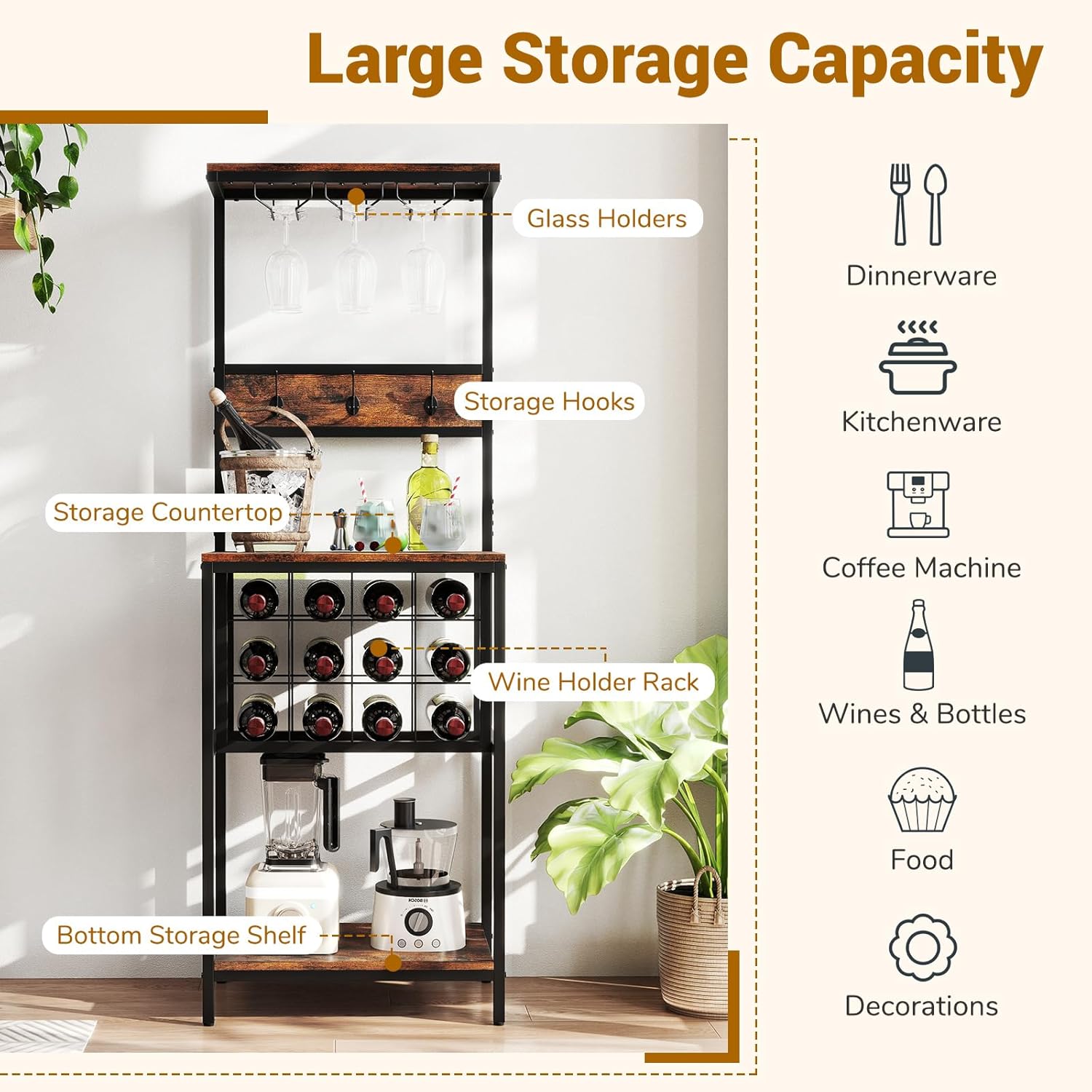 GOFLAME Freestanding Wine Rack with Glass Holders and Countertop