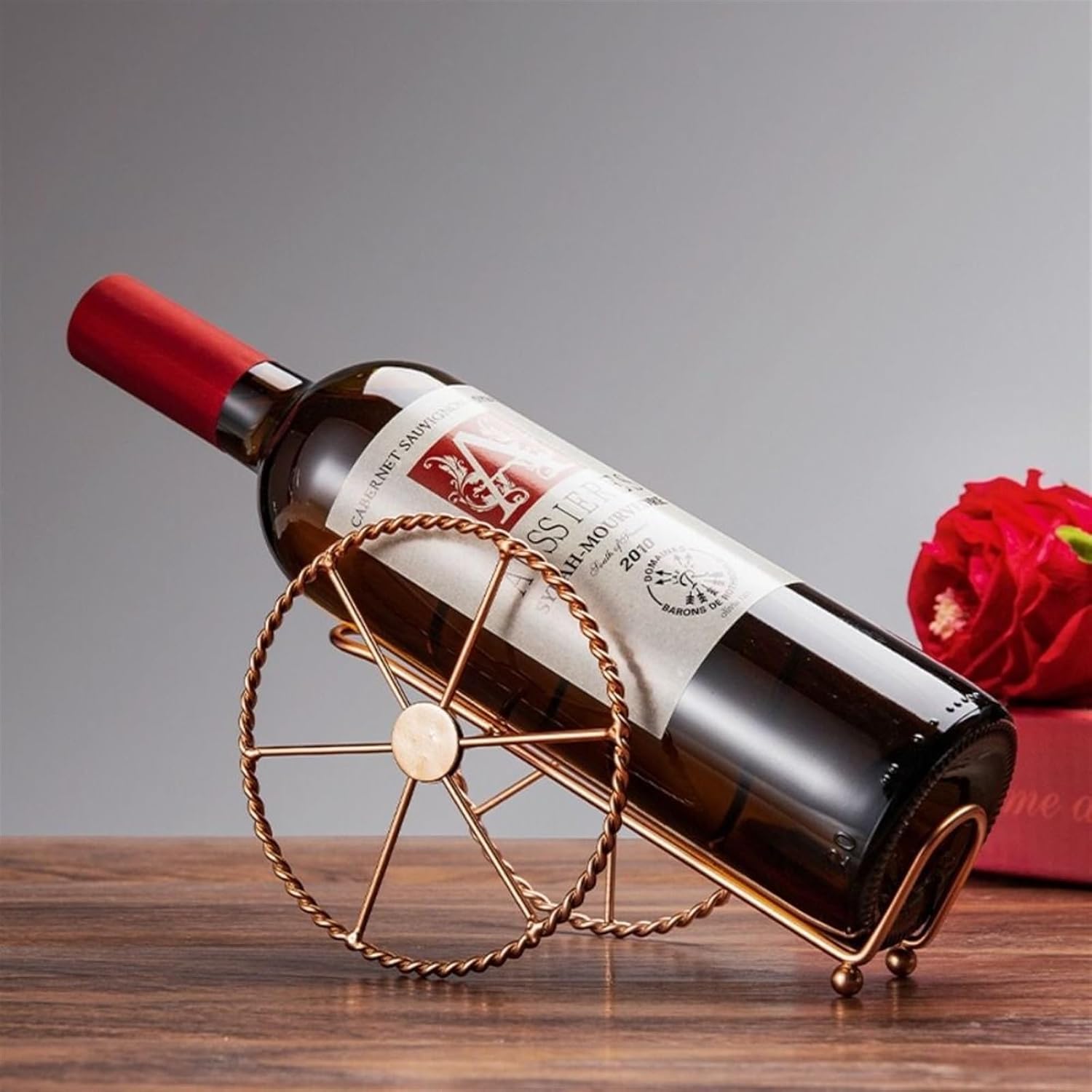 Retro Bronze Wine Rack with Iron Wheels Design