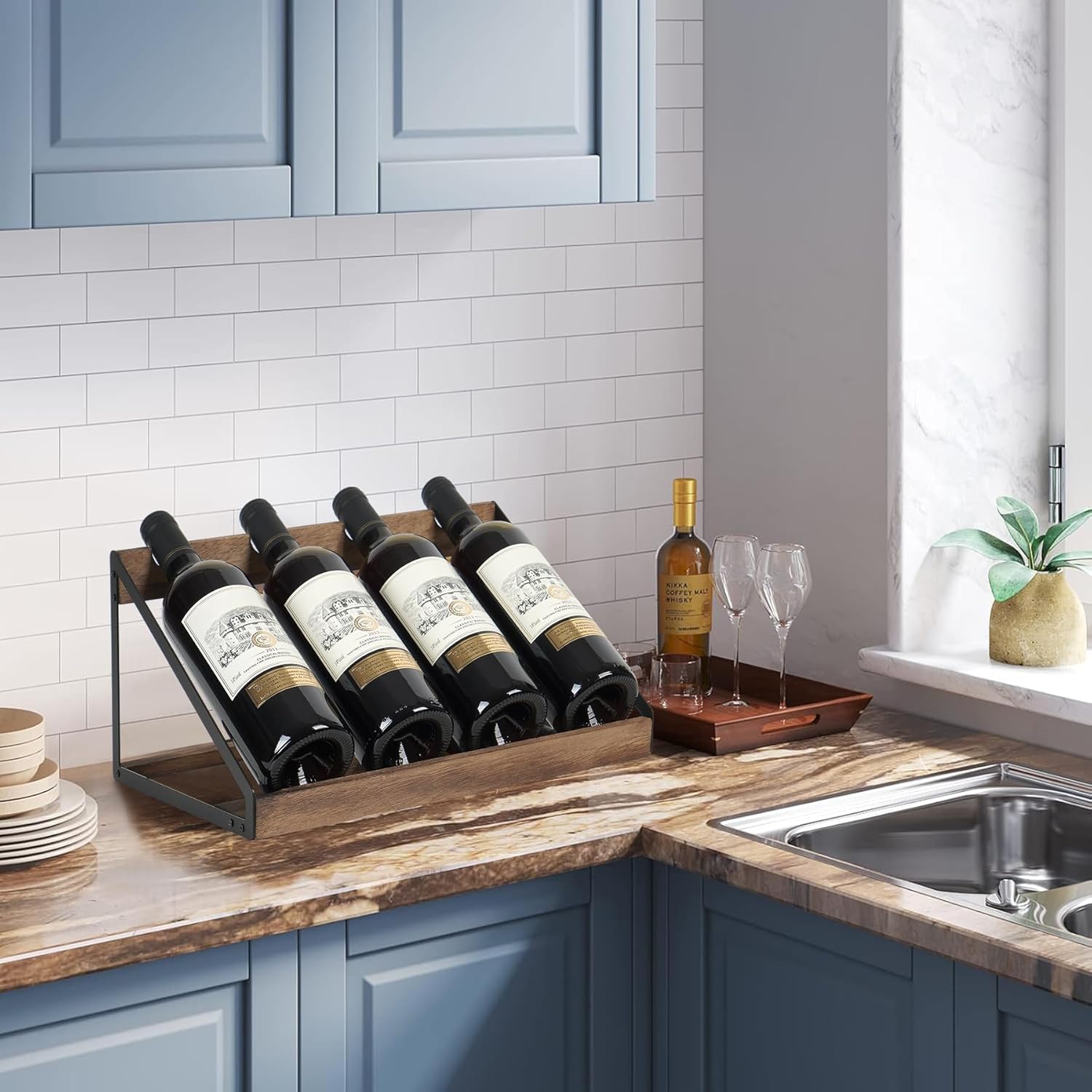 TRSPCWR Wooden Wine Rack 4 Bottle Countertop Organizer