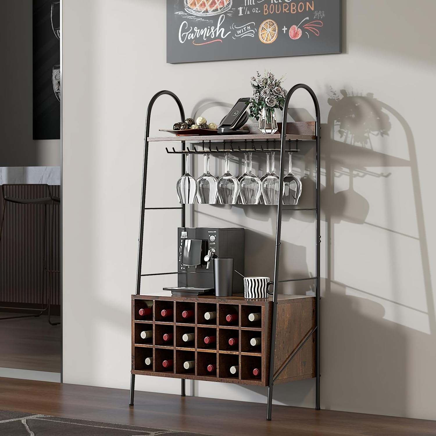 Giantex Freestanding Wine Rack with 15 Glasses Holder and 2 Storage Shelves