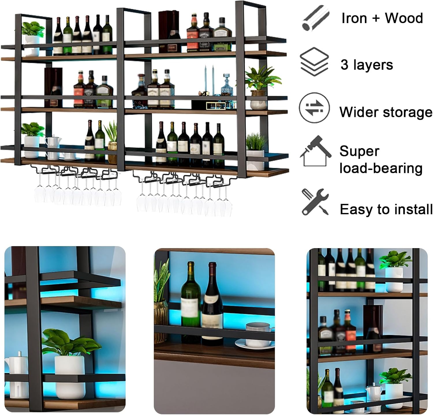 Takpylia Wall Mounted Wine Rack with LED Light Black 472in