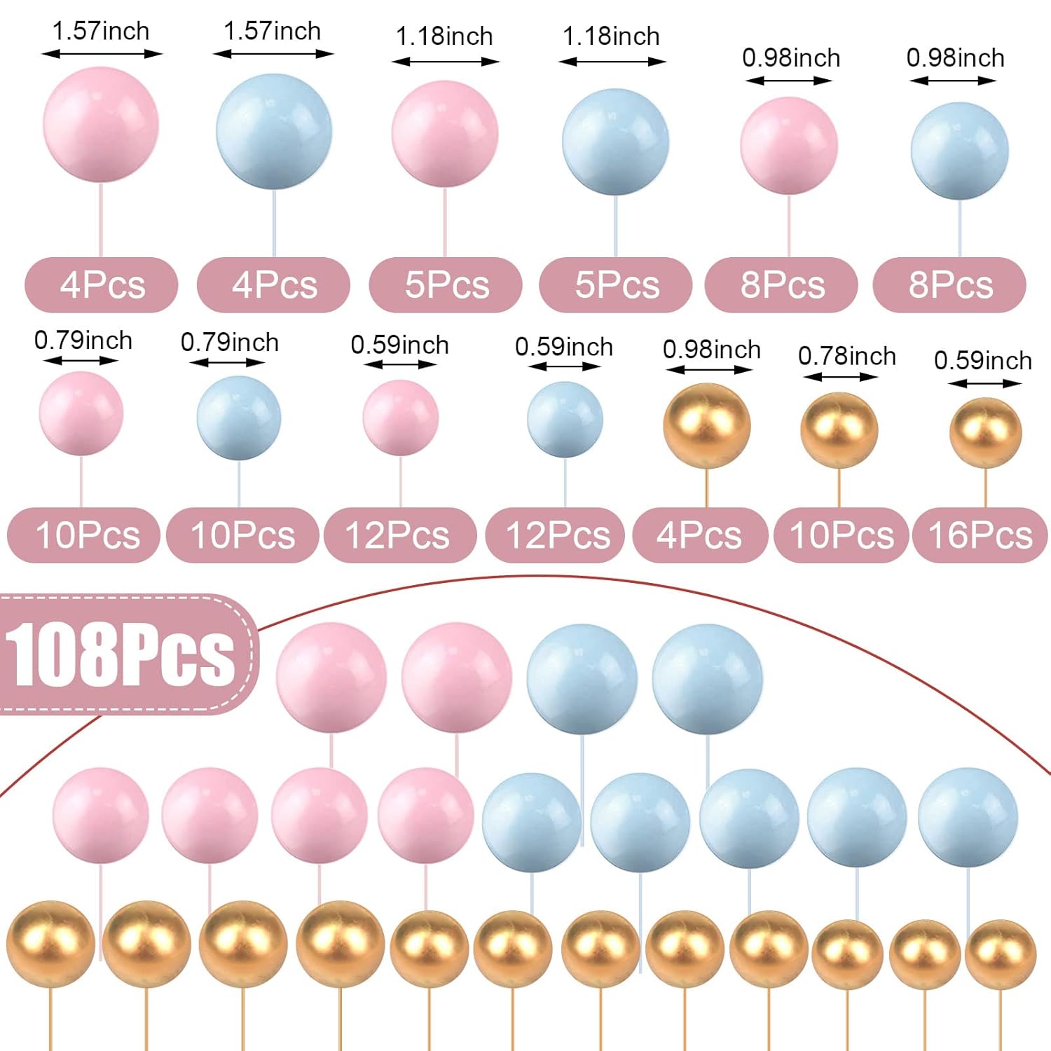Tondiamo 108 Pcs Foam Ball Cake Toppers for Birthday Wedding Cupcakes