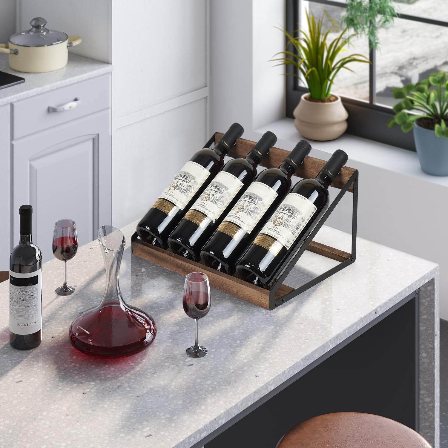 TRSPCWR Wooden Wine Rack 4 Bottle Countertop Organizer