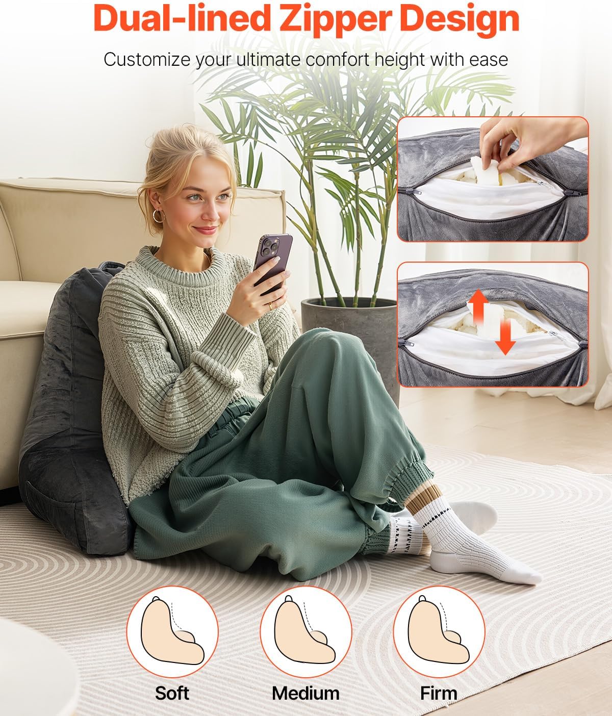 VEVOR Reading Pillow with 3 Pockets and Memory Foam