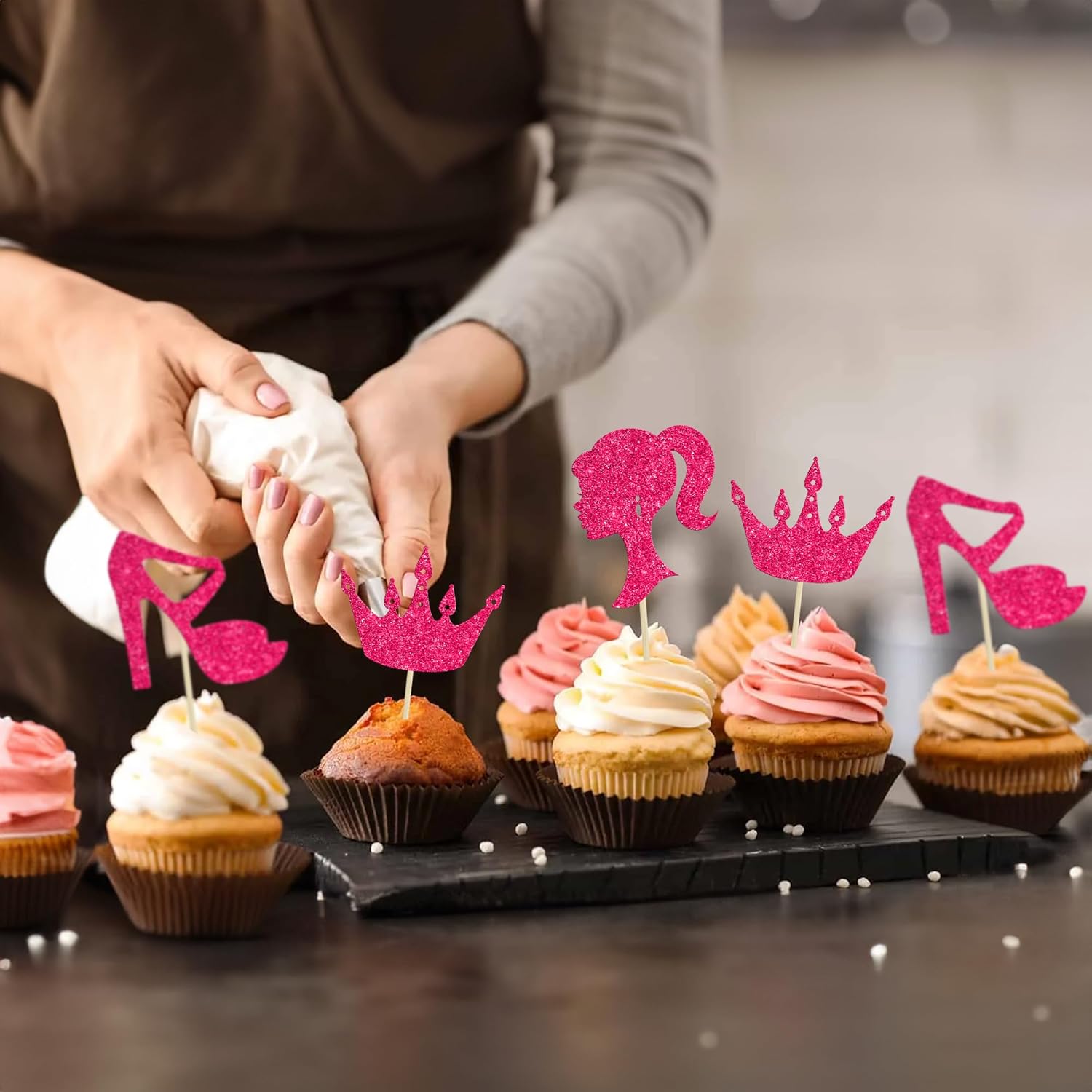 Ephlyn 24Pcs Hot Pink Glitter Princess Cupcake Toppers