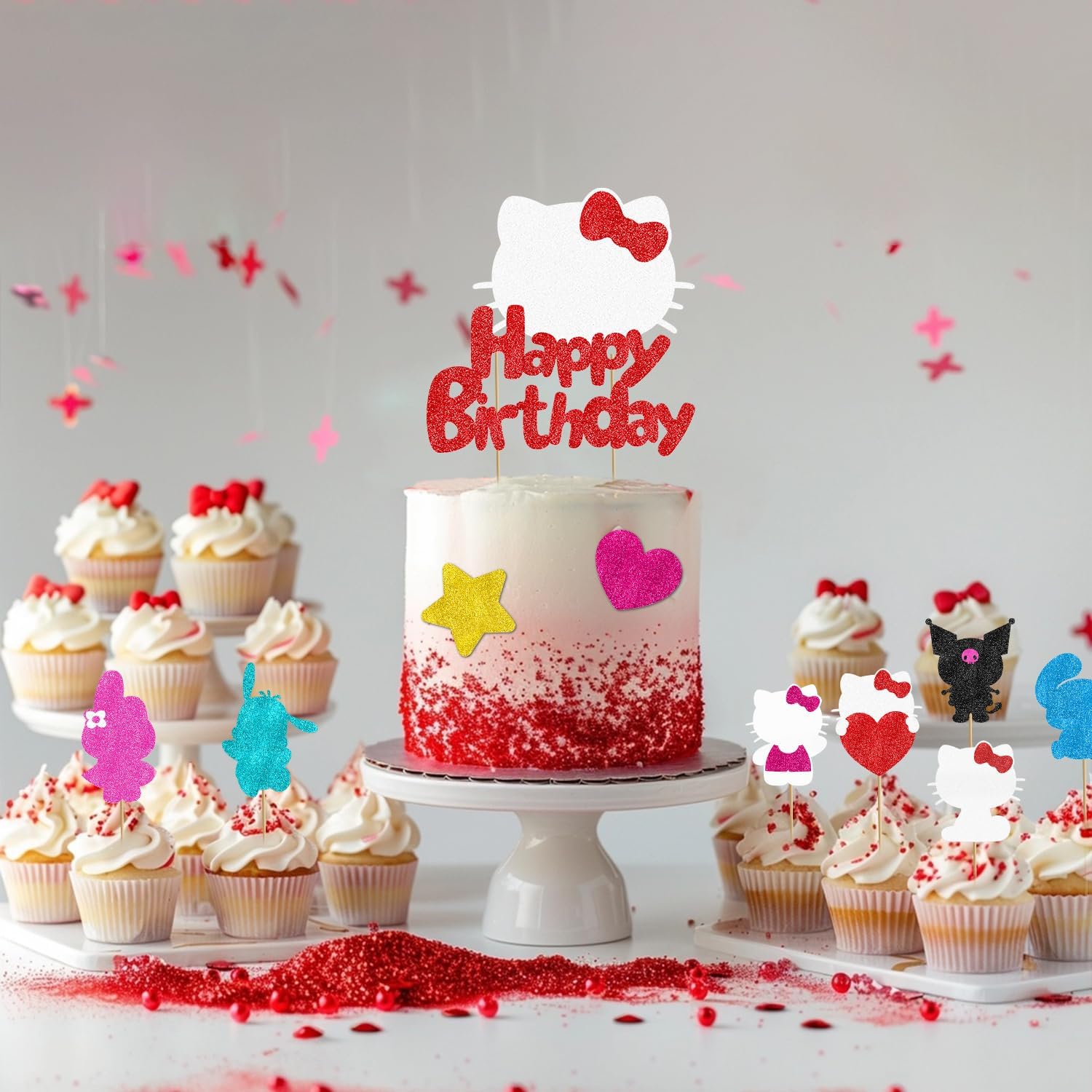 Cute Cat Birthday Cake Toppers 10Pcs Glitter Decor
