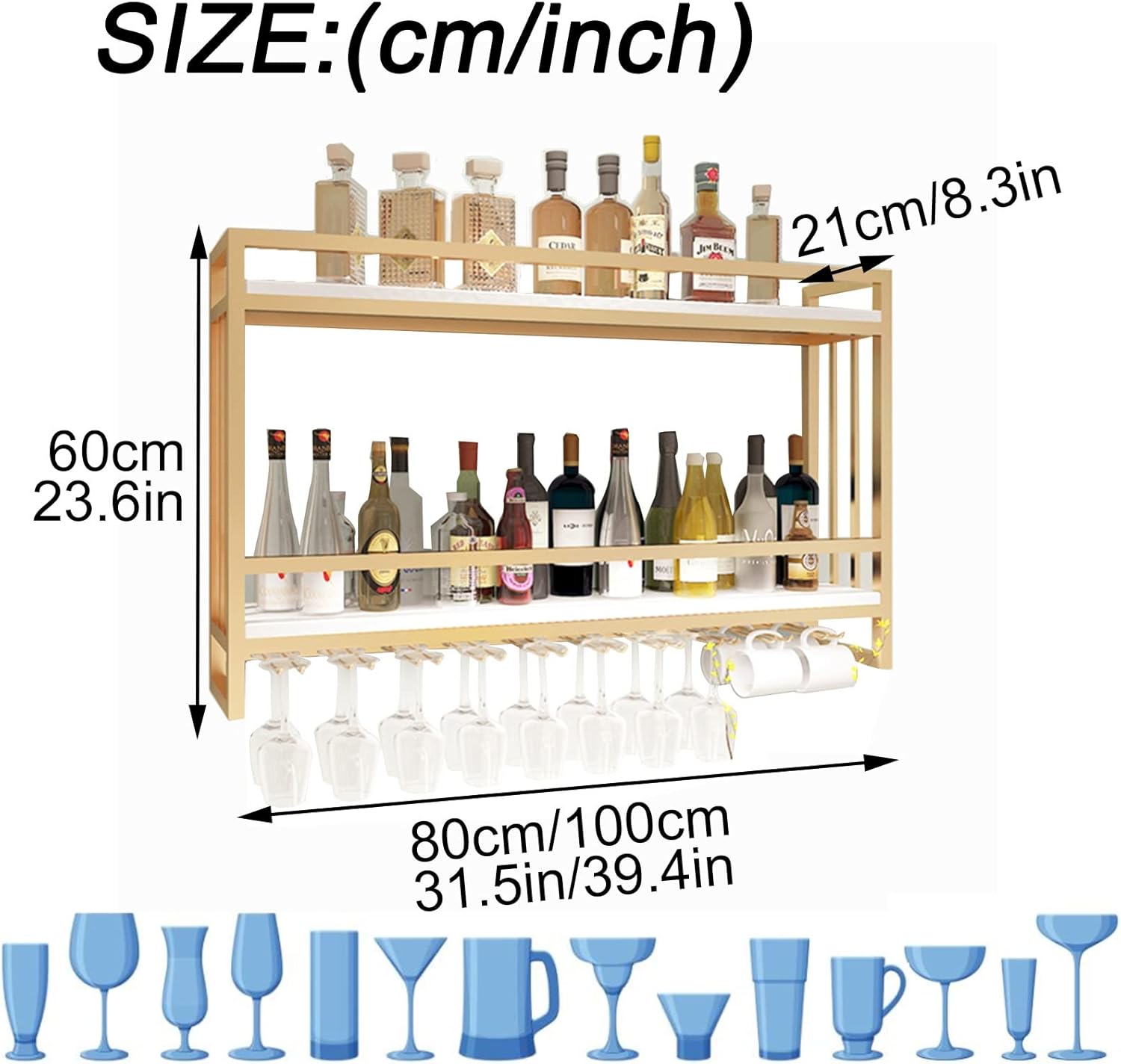 XONJEMU Wall Mounted 2 Layer Wine Rack with Glass Hooks GoldWhite
