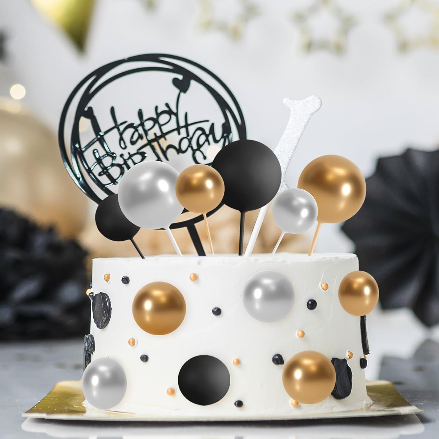 ASTARON 32 Pcs Gold Silver Black Foam Ball Cake Decorations
