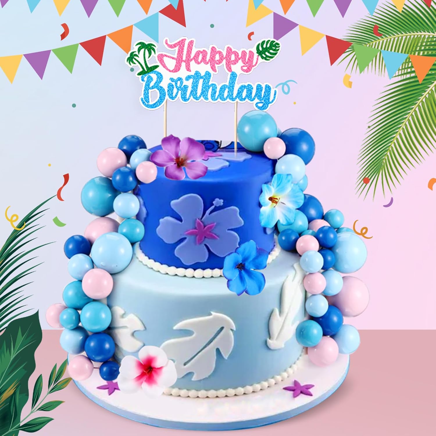 Zeyune 61 Pcs Pink Blue Cake Topper with Balls