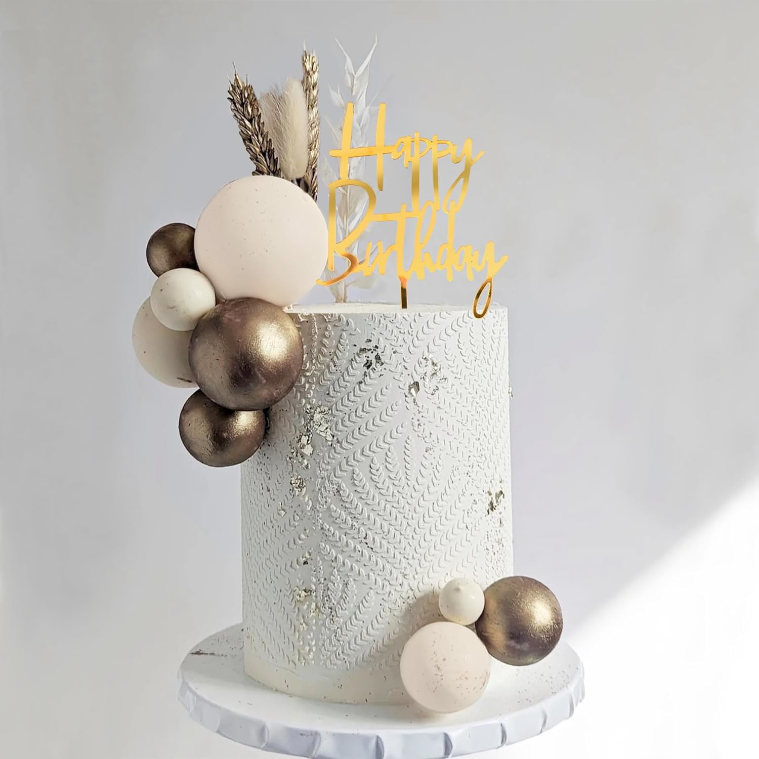 DRWATE Boho Khaki White Gold Pearl Balls Cake Toppers