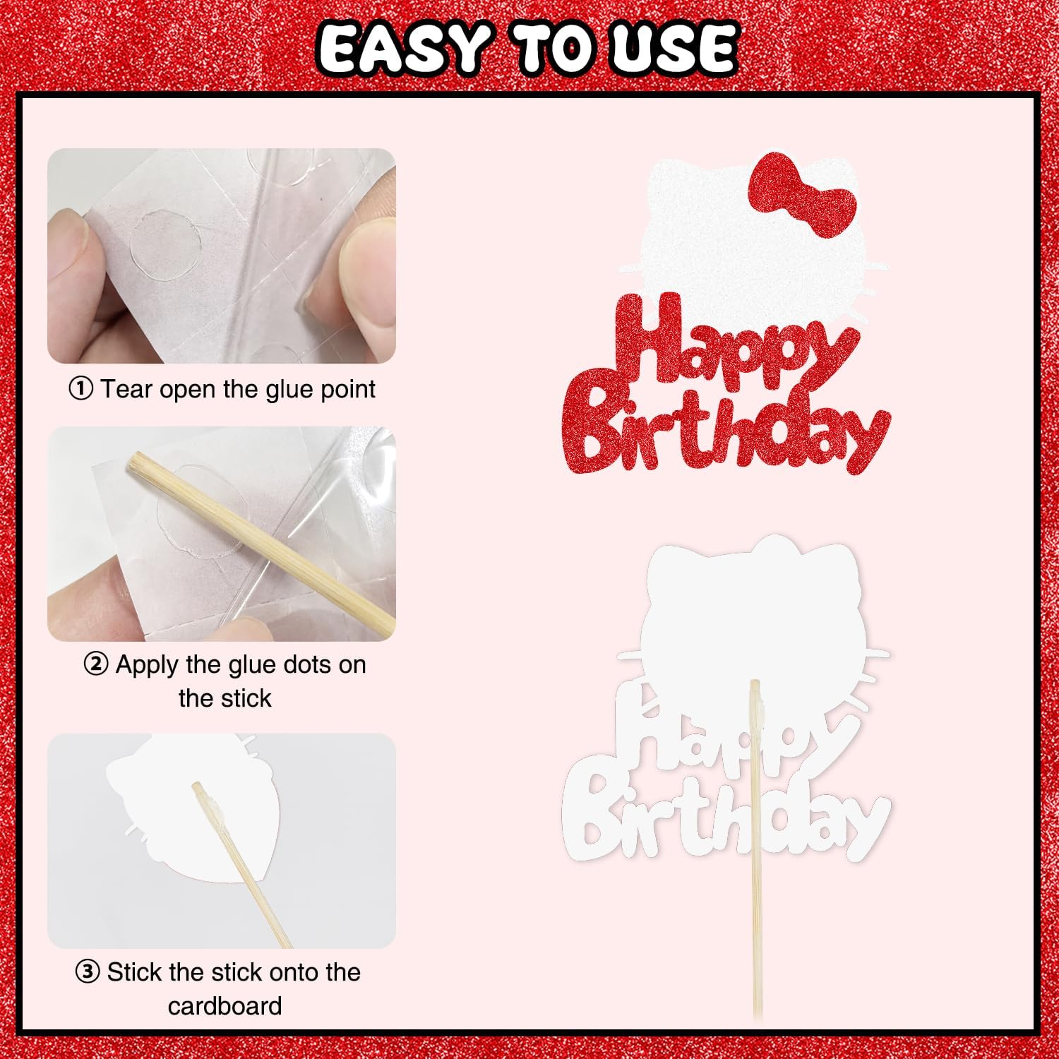 Cute Cat Birthday Cake Toppers 10Pcs Glitter Decor