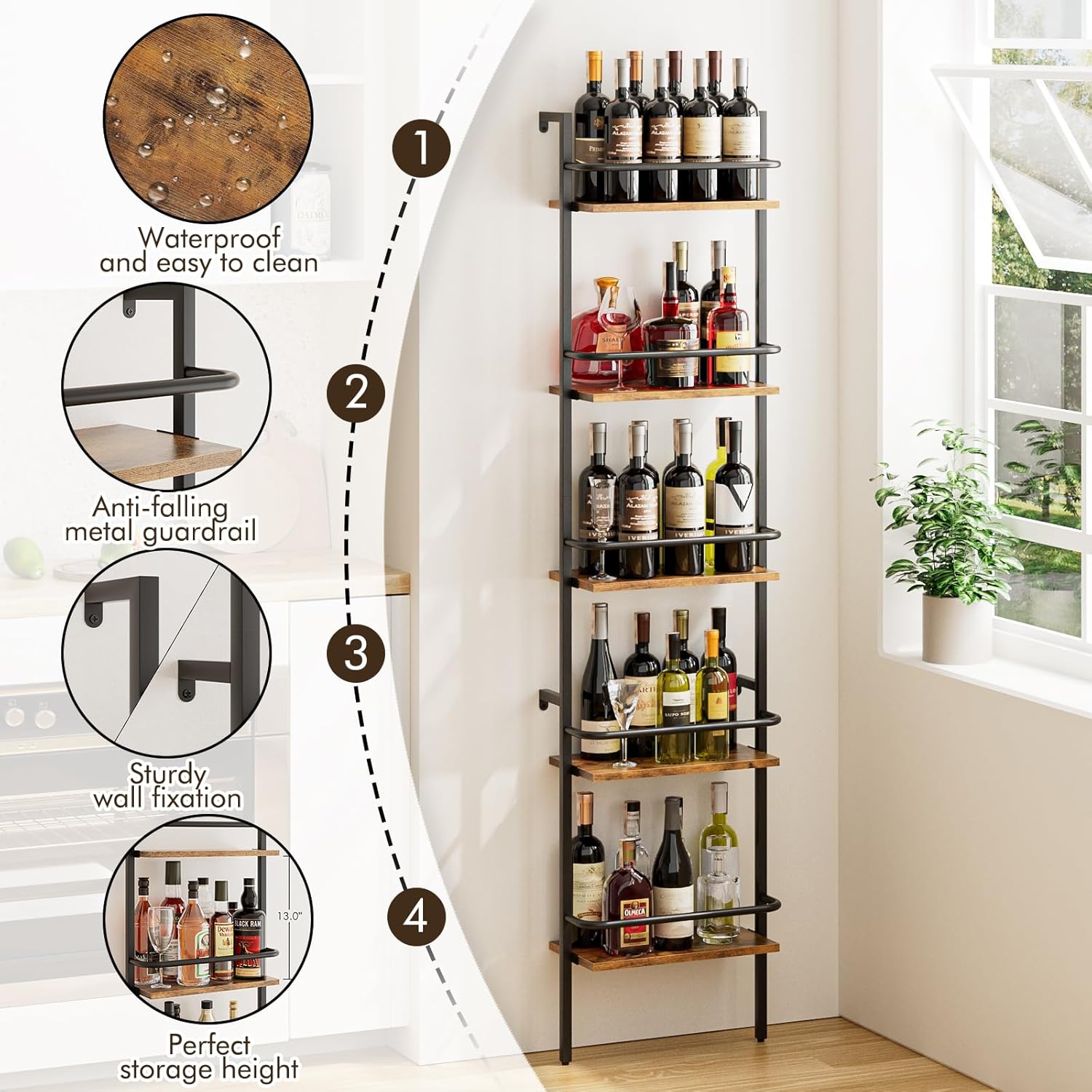 Heakrit 5-Tier Wall-Mounted Wine Rack with Fences