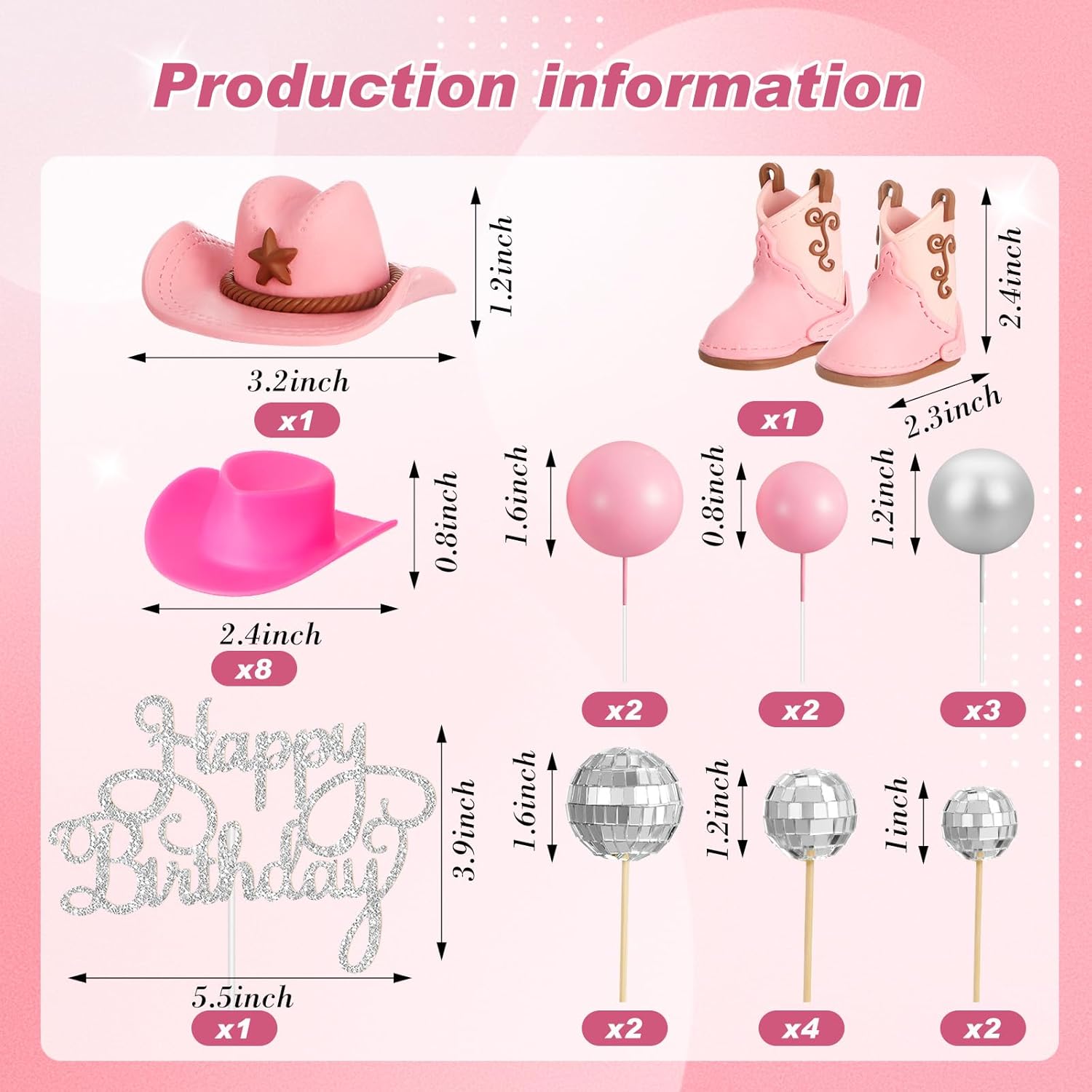 26 Pieces Pink Cowgirl Cake Decorations for Western Party
