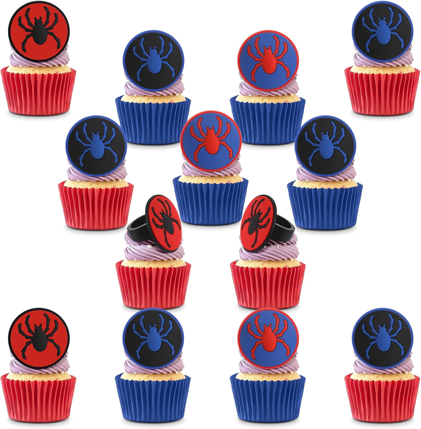 48 pcs Spider Cupcake Rings Set - Red Blue Black