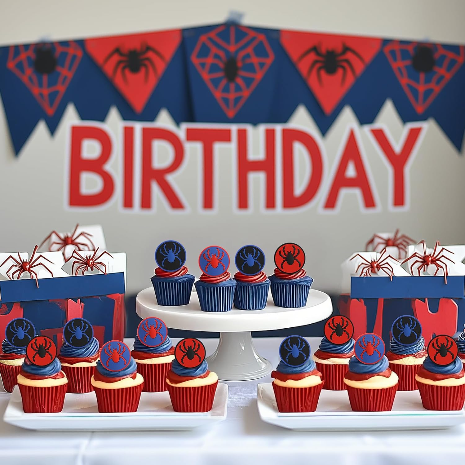 48 pcs Spider Cupcake Rings Set - Red Blue Black