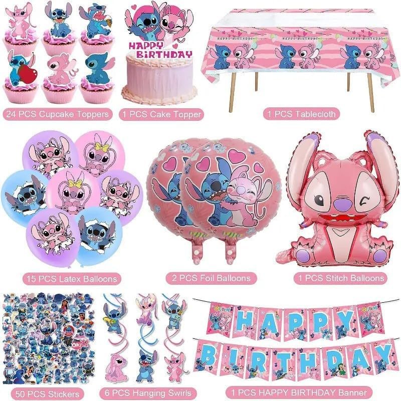 103PCS Stitch Birthday Decorations Set Pink
