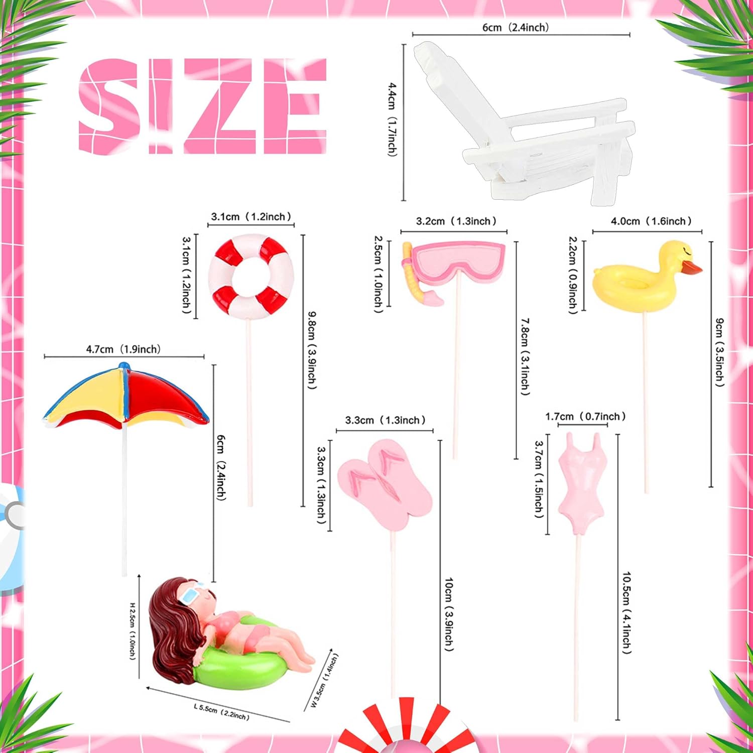 Hawaiian Beach Cake Toppers Non-Edible 8-Piece Set