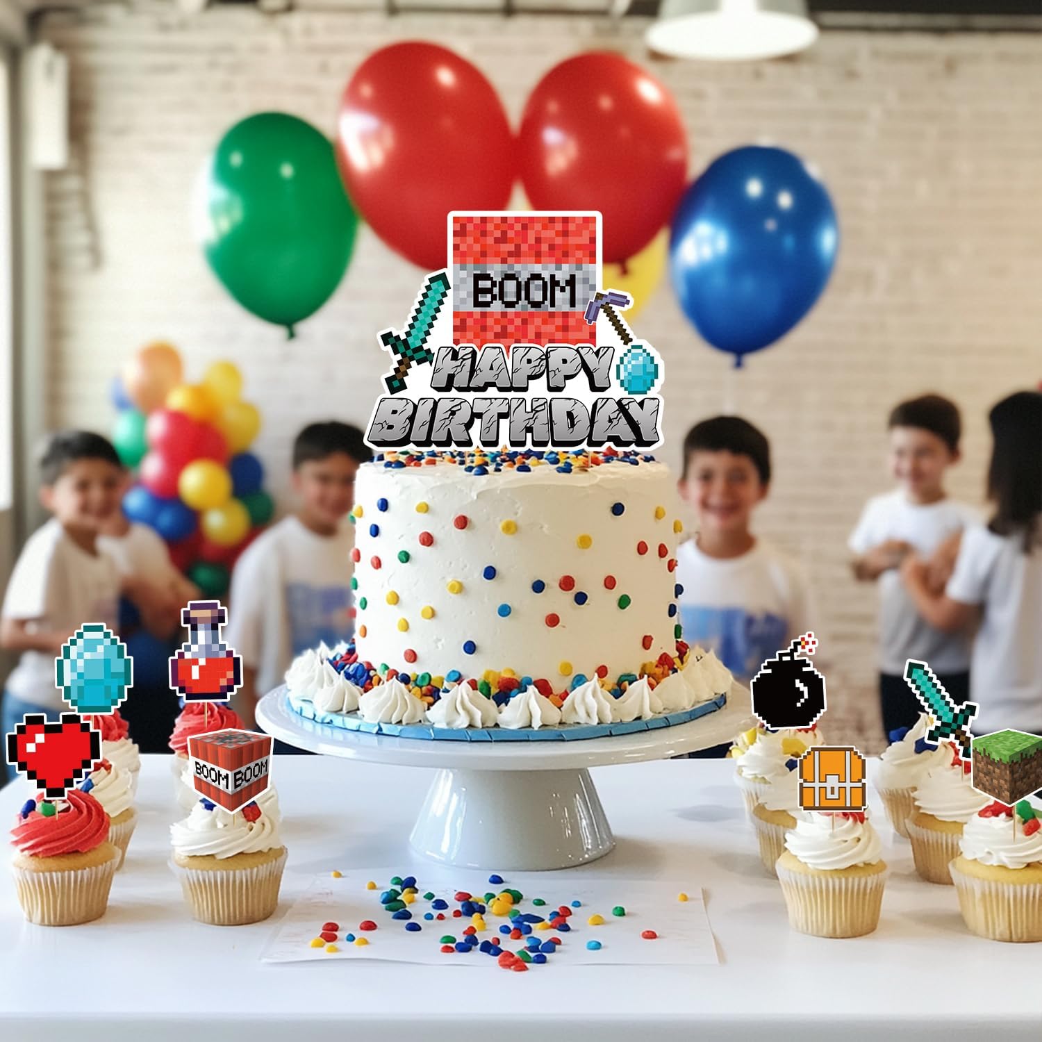 Terkung 9pcs Pixel Cartoon Cake Toppers for Birthday Parties