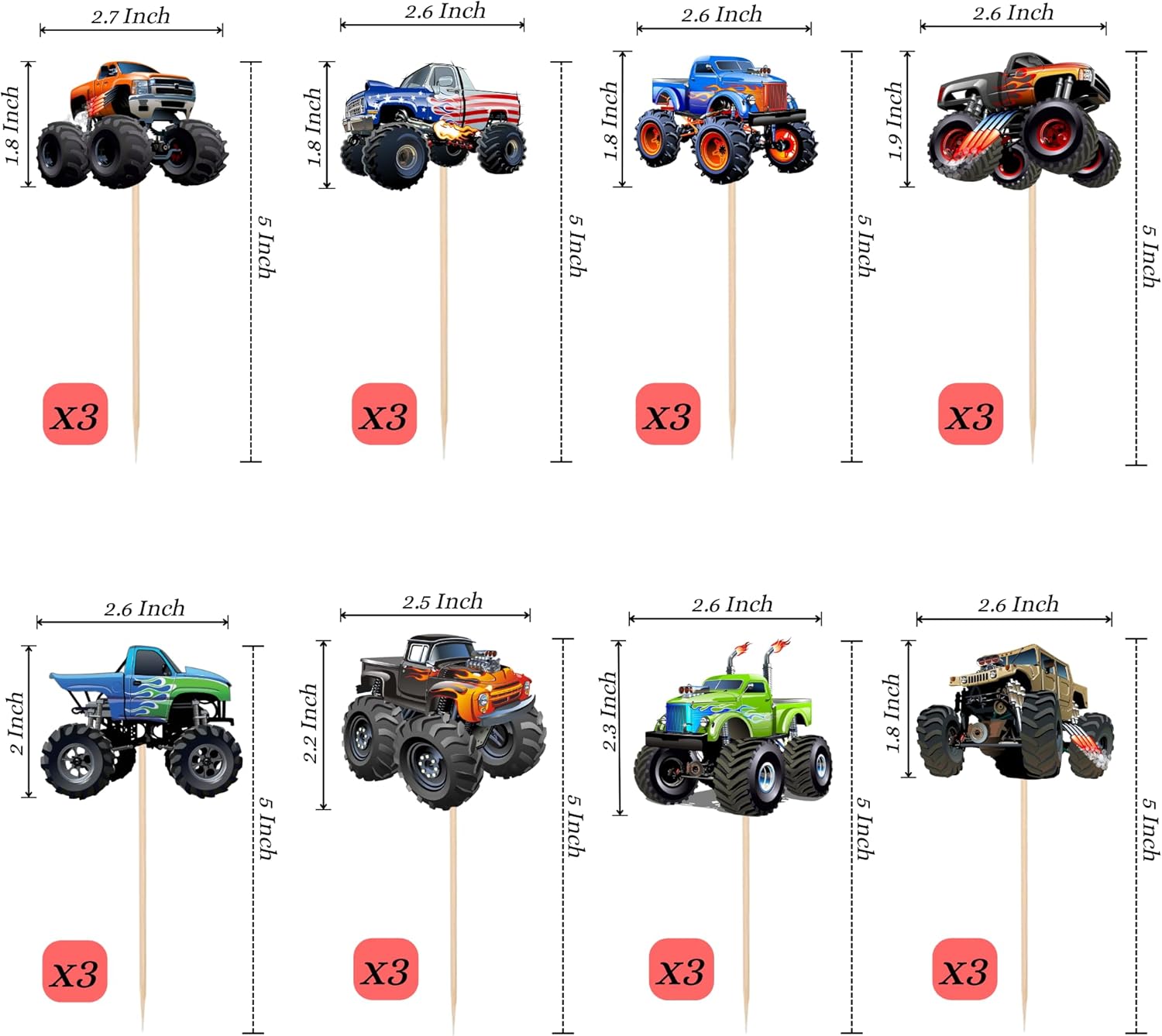 24PCS Monster Truck Cupcake Toppers Decorations