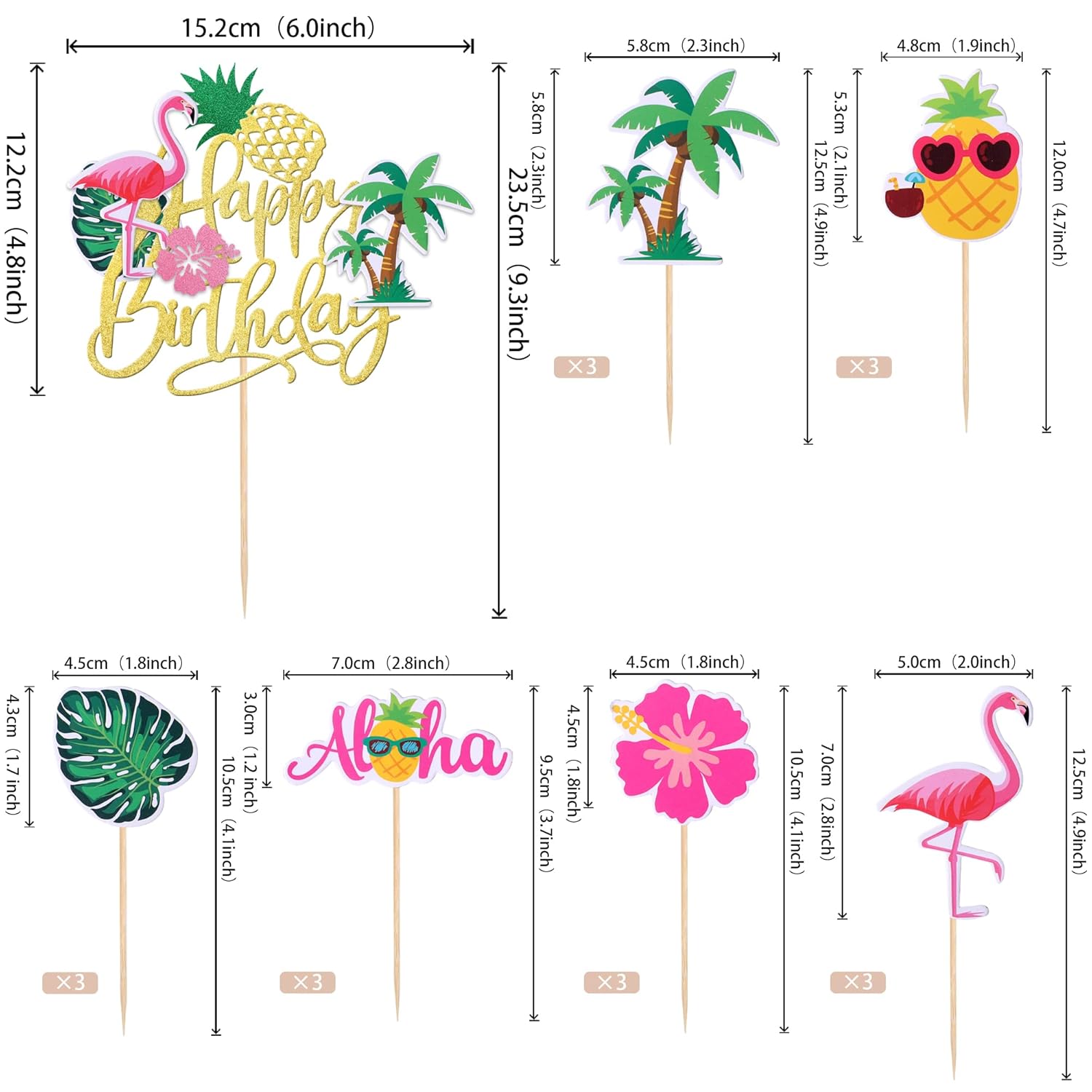 25 PCS Tropical Luau Cupcake Toppers Decorations
