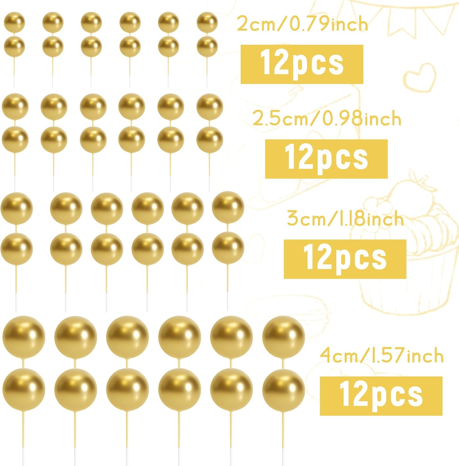 BOUBONI 48 Pcs Gold Cake Topper Decorations
