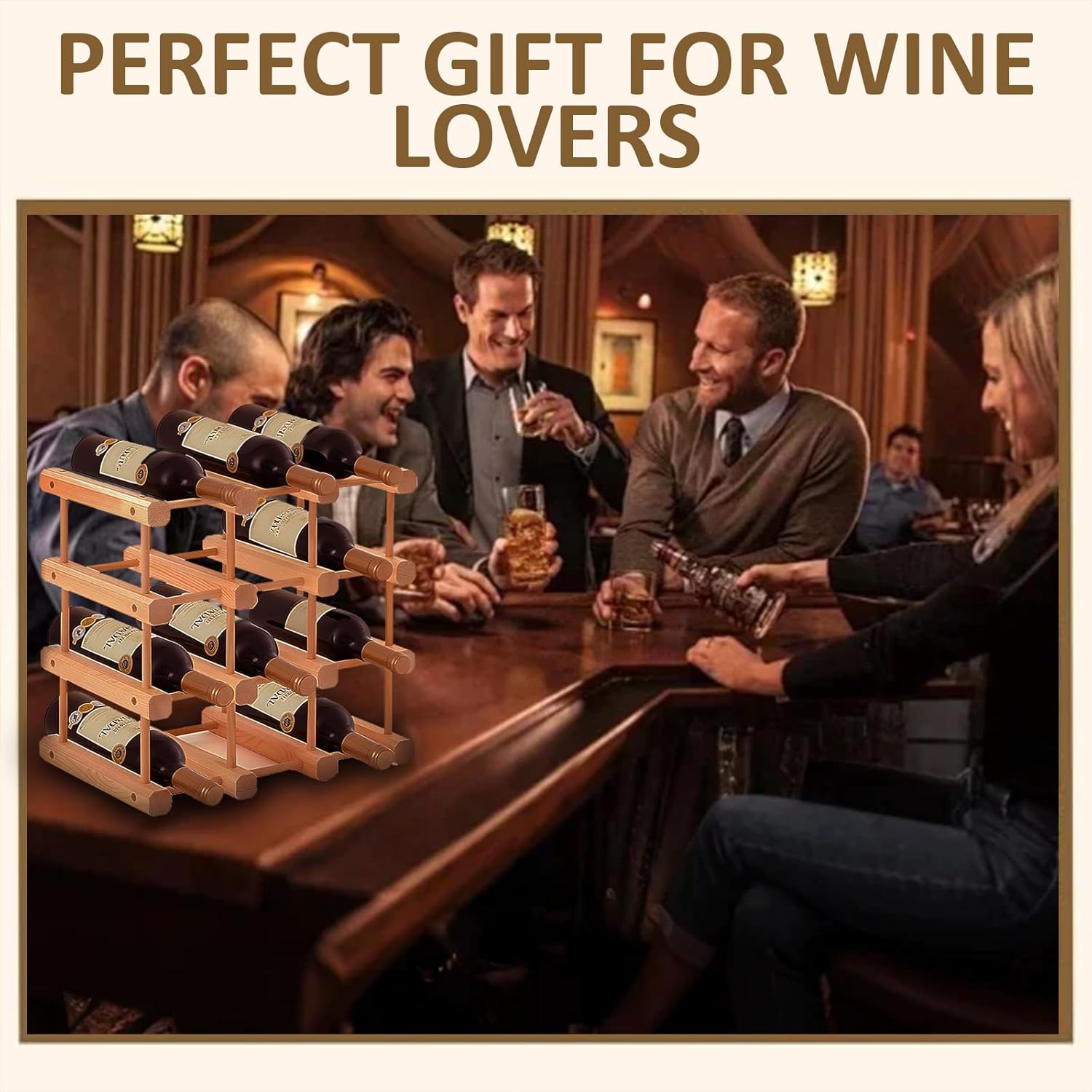 12-Bottle Wooden Wine Rack for Countertop and Cabinet