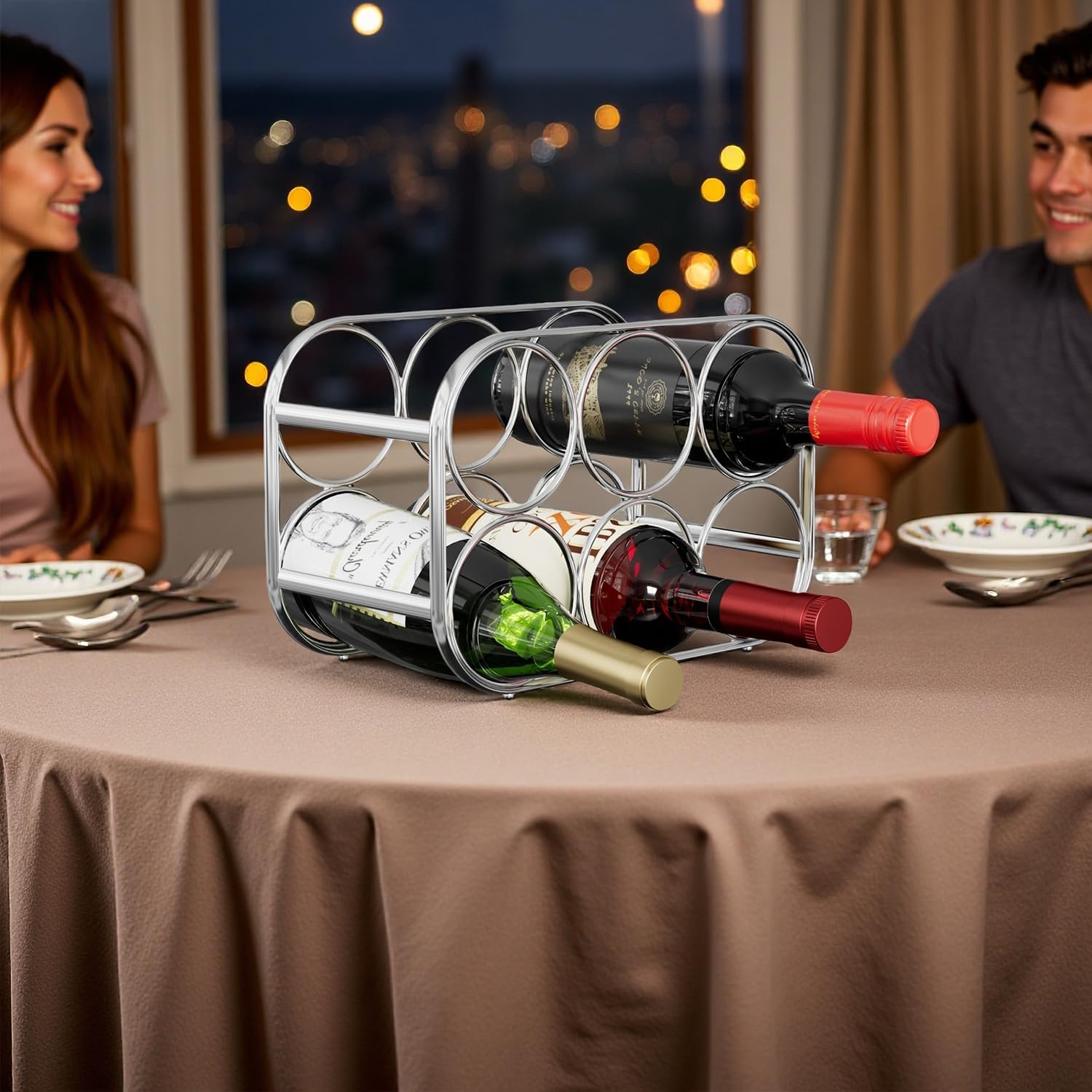 Buruis 6-Bottle Wine Rack Freestanding Metal Silver