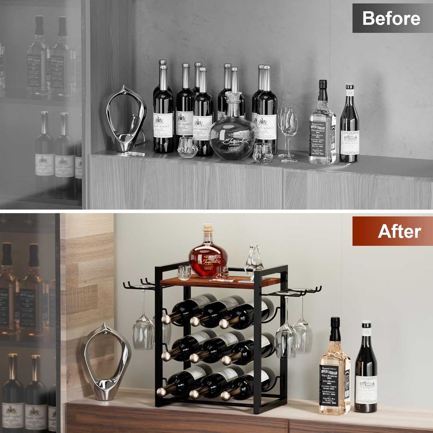 Nanagiftree Wooden Wine Rack with Tray Holds 9 Bottles 4 Glasses