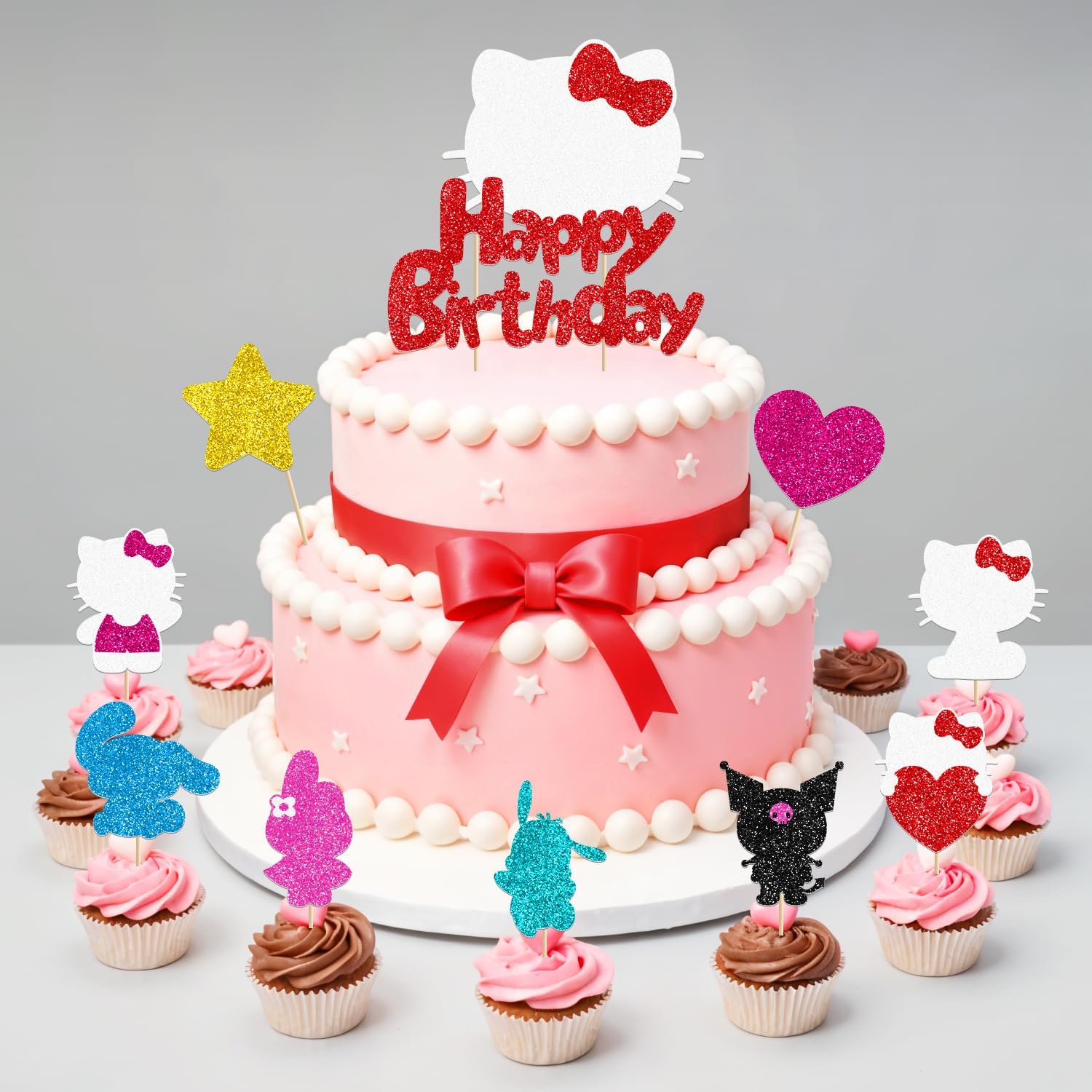 Cute Cat Birthday Cake Toppers 10Pcs Glitter Decor