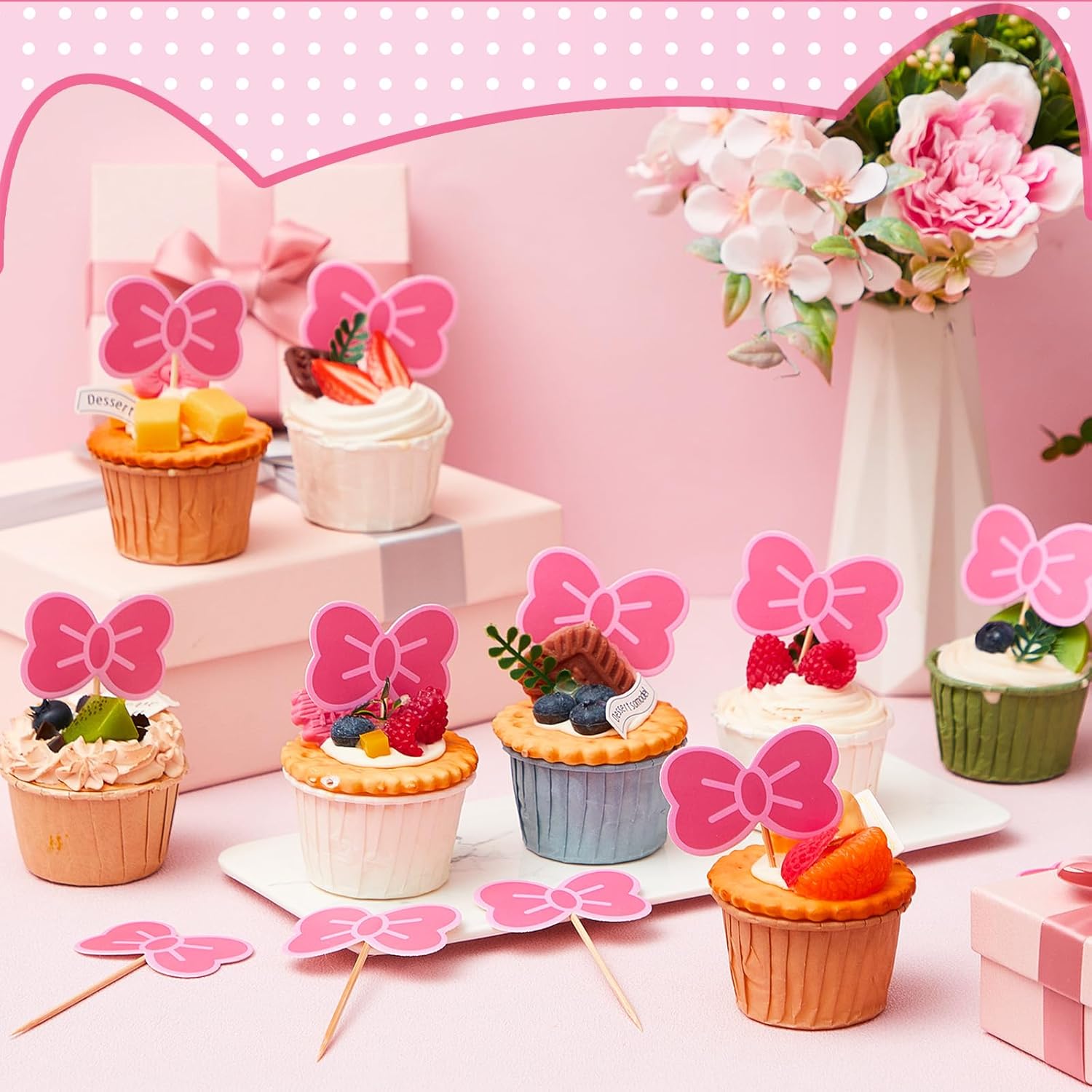 24 Pcs Pink Cat Bow Cake Toppers for Kitten Parties