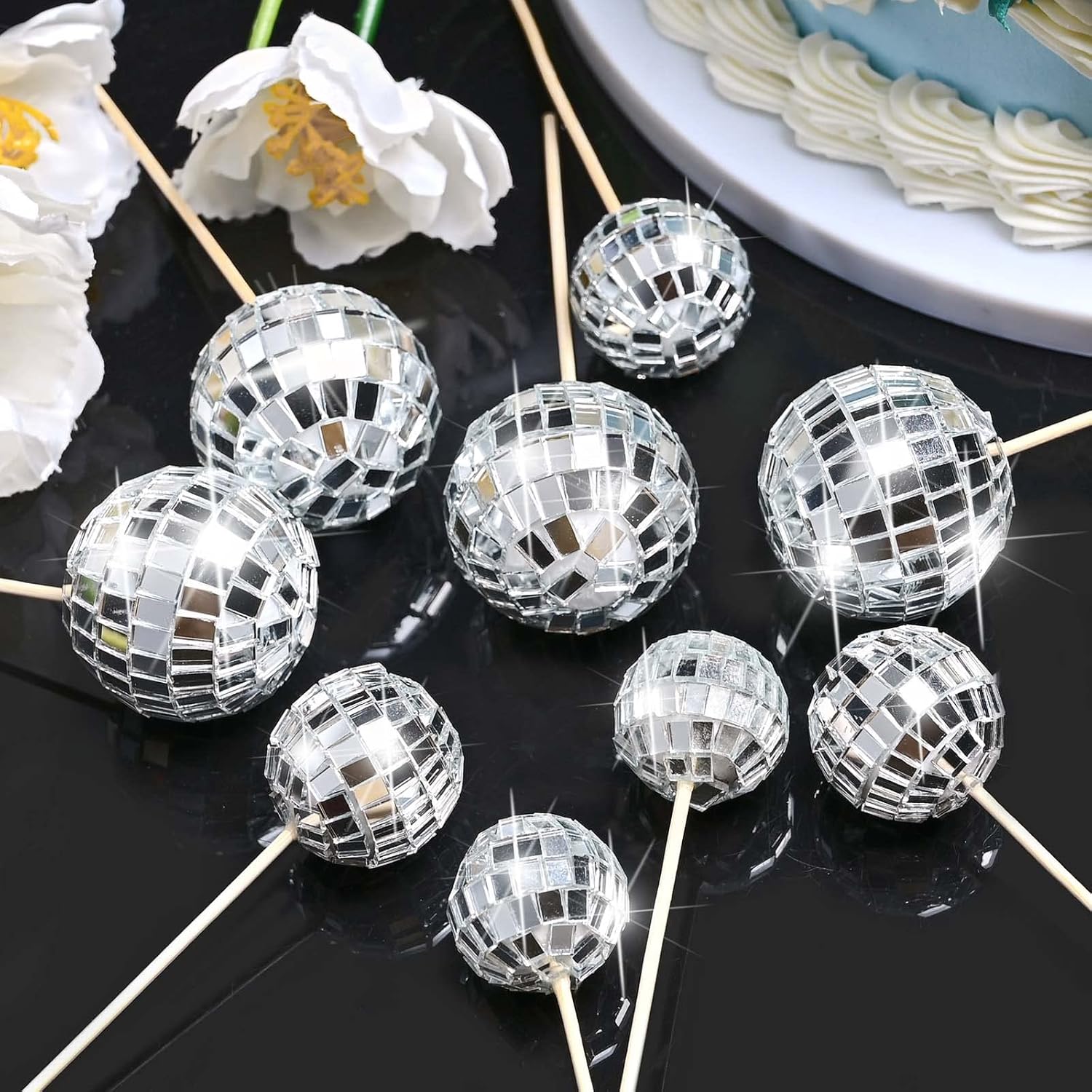 JOERSH 23pcs Disco Ball Cupcake Toppers - 70s Disco Party Decorations