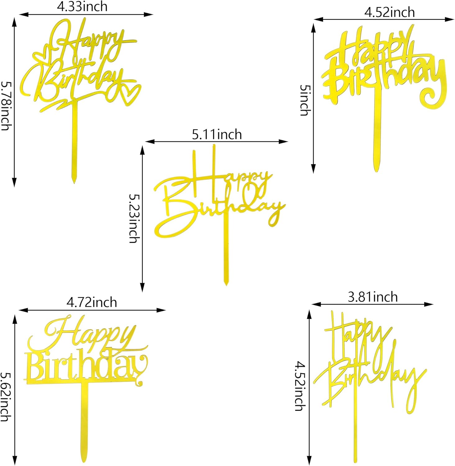 10 PCS Gold Birthday Cake Toppers Acrylic Decorations