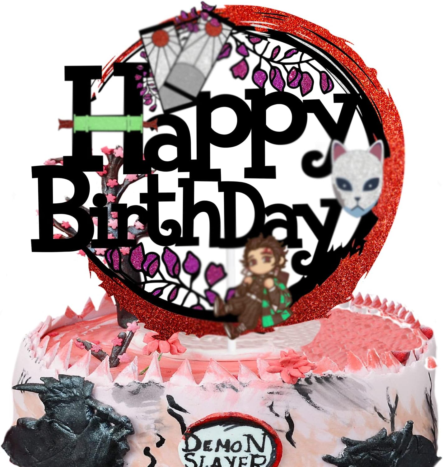 Happy Birthday Anime Cake Topper with Black Glitter