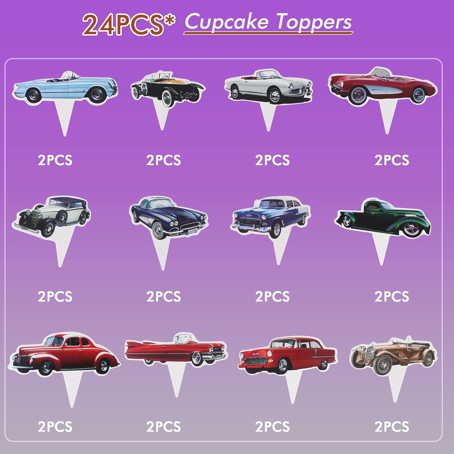 24 Pcs Classic Car Cupcake Toppers - Retro Birthday Party Decor