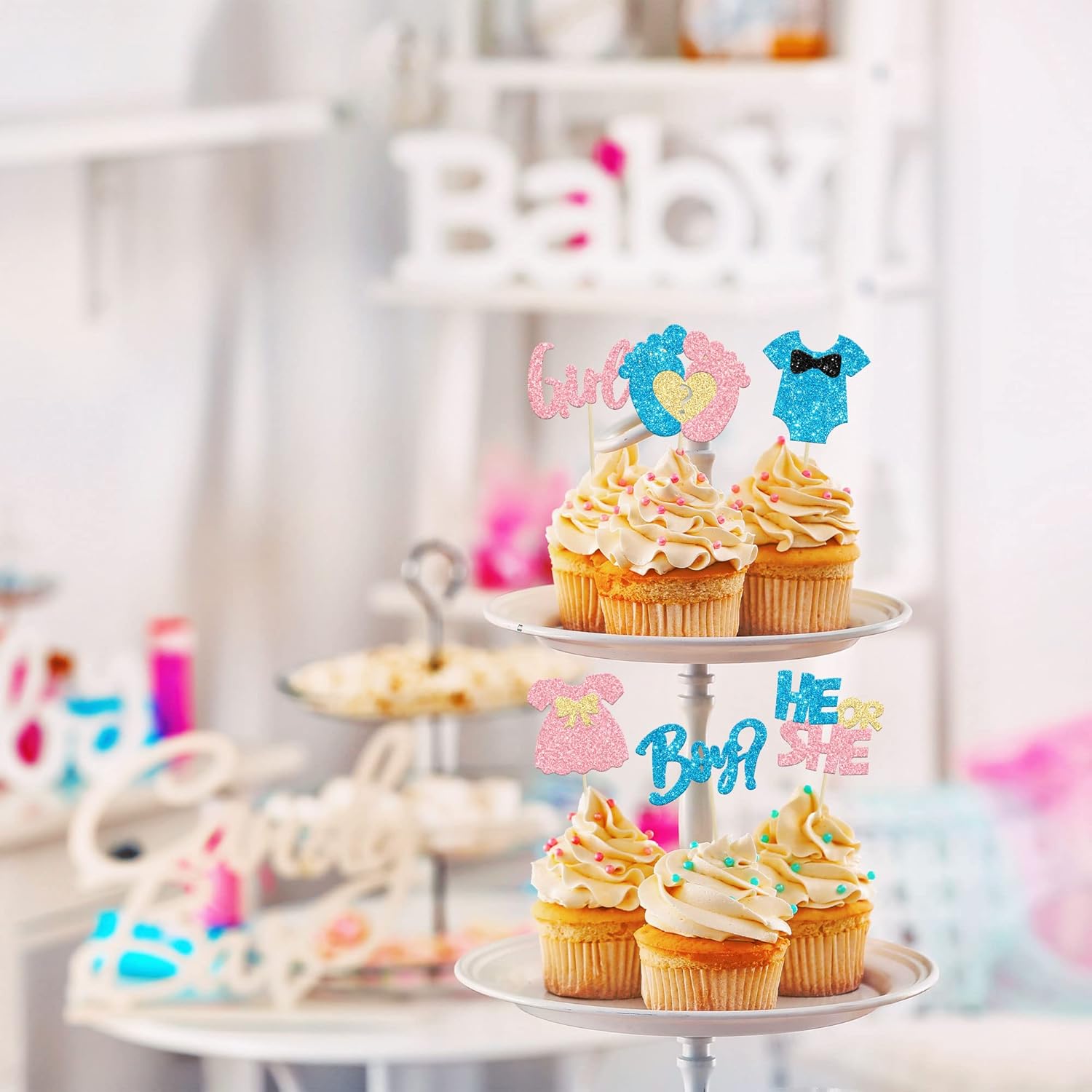 24Pcs Glitter Feet Onesie Cupcake Toppers for Gender Reveal