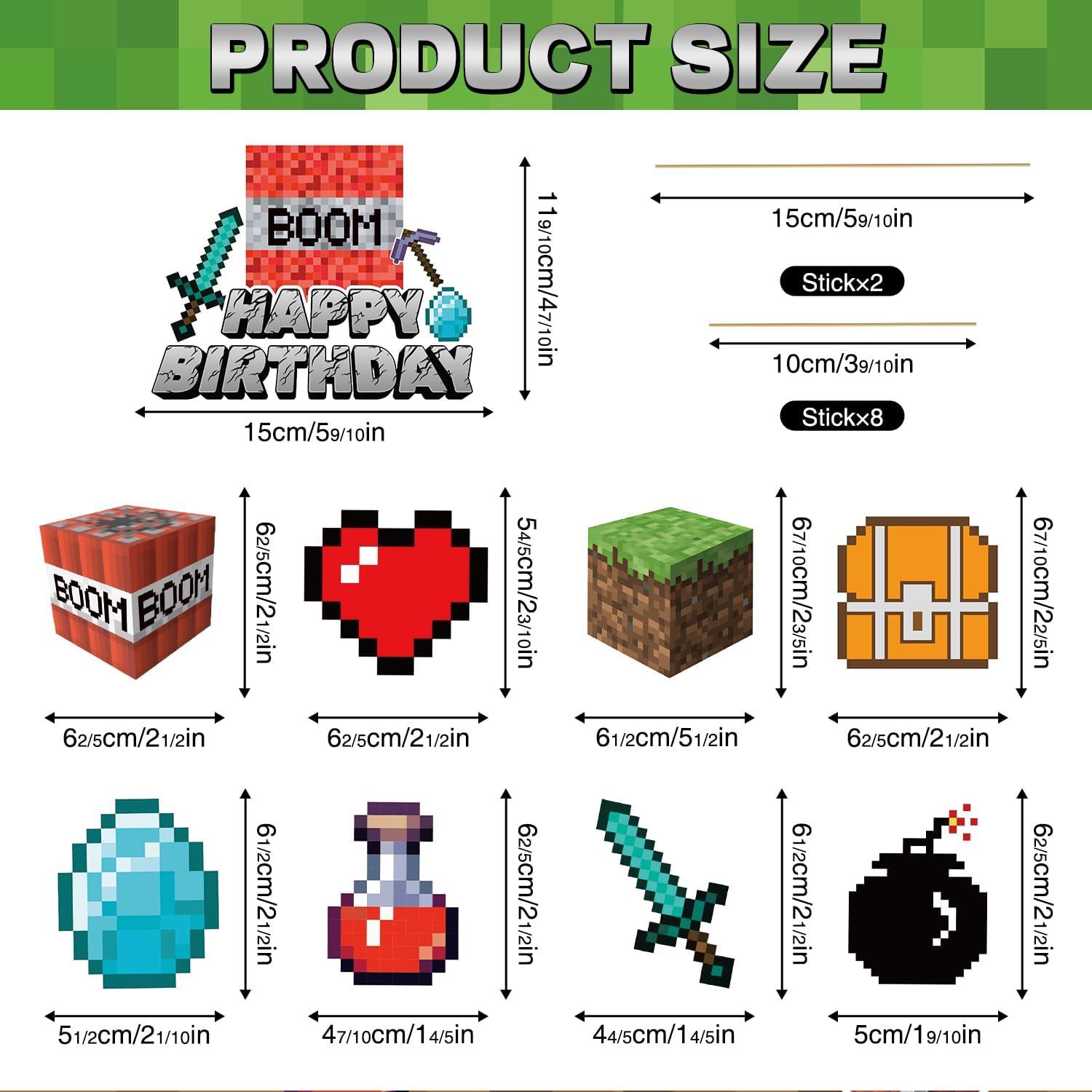 Terkung 9pcs Pixel Cartoon Cake Toppers for Birthday Parties