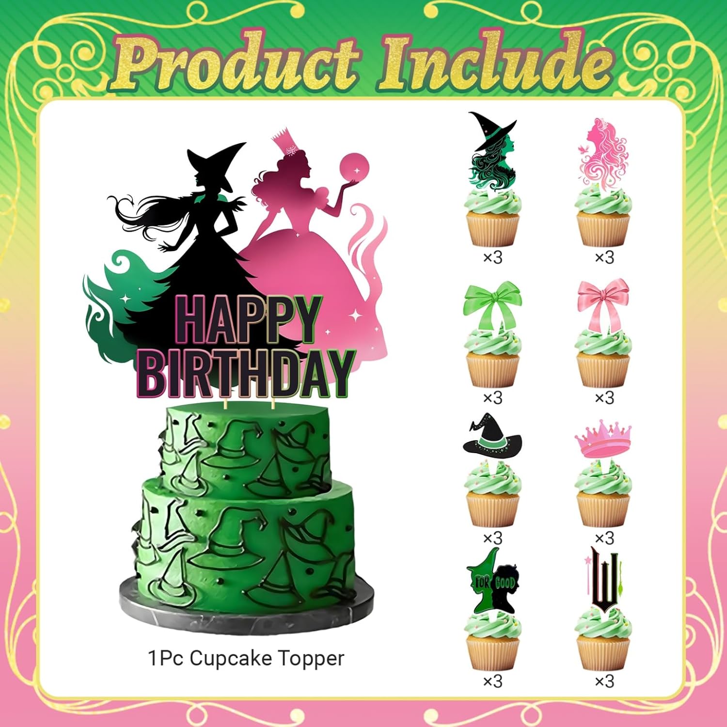 25Pcs Witch Cupcake Toppers Pink Green Party Decorations