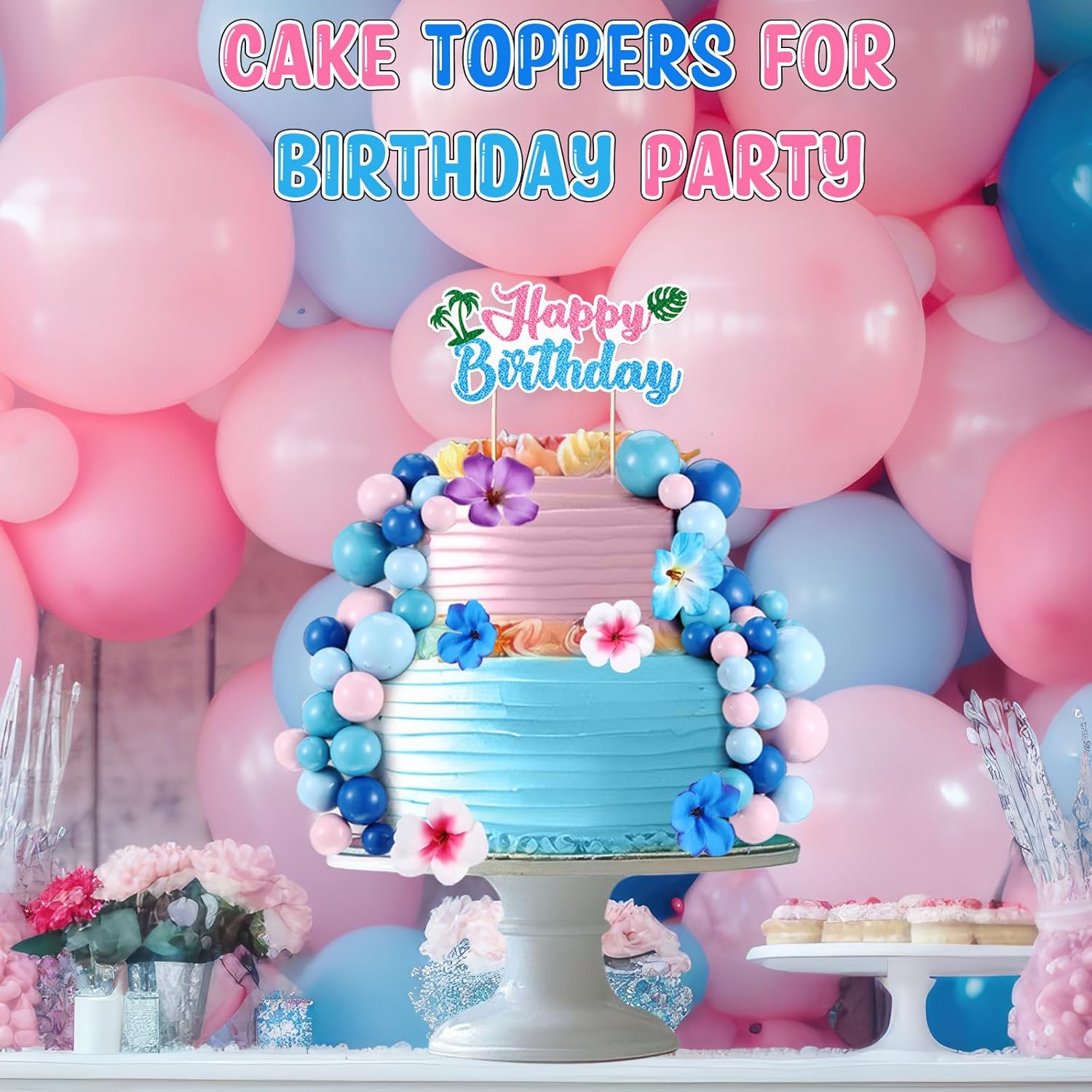 Zeyune 61 Pcs Pink Blue Cake Topper with Balls