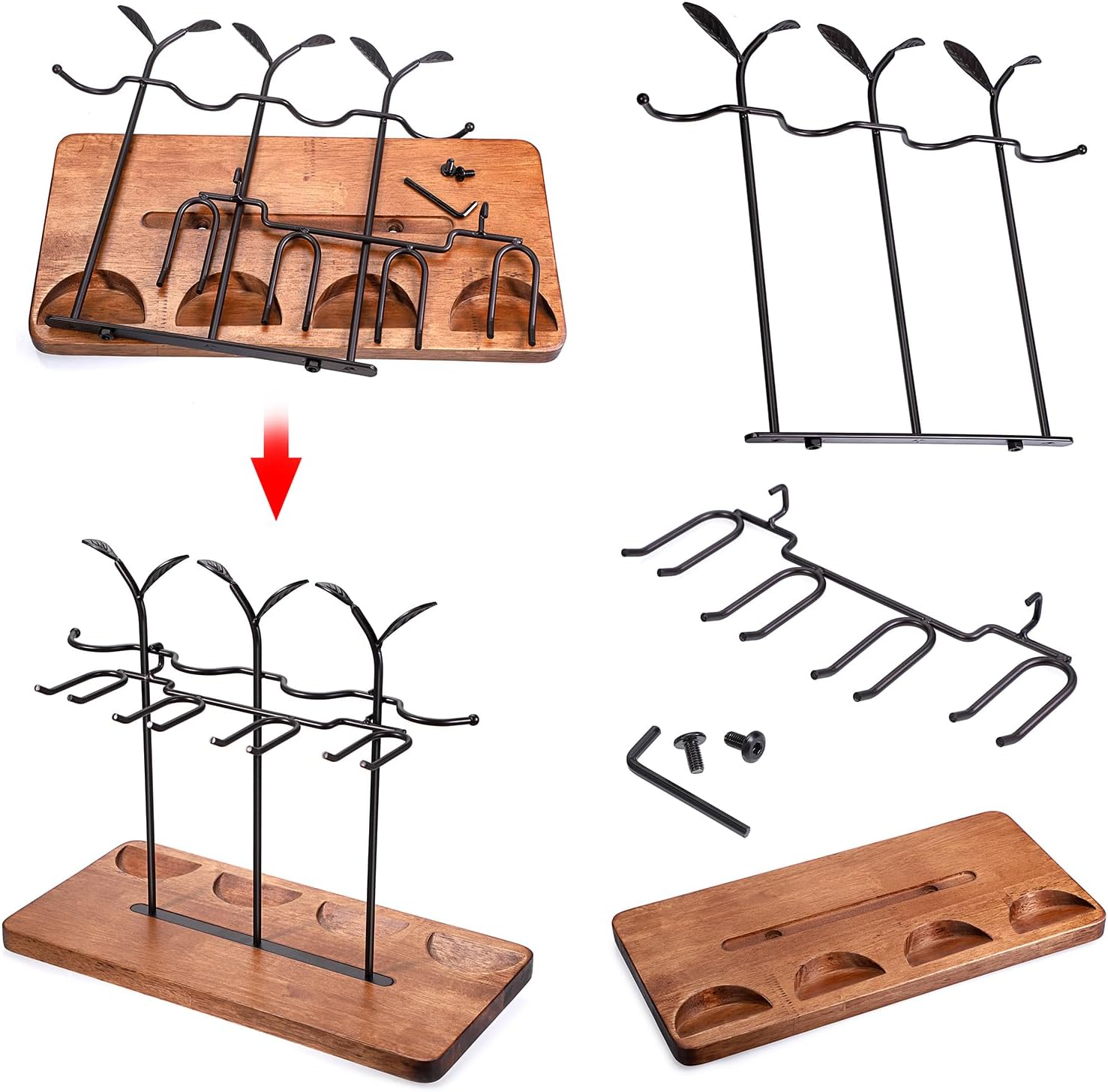 Laxioriew Wood Wine Bottle Holder for 4 Bottles and 4 Glasses
