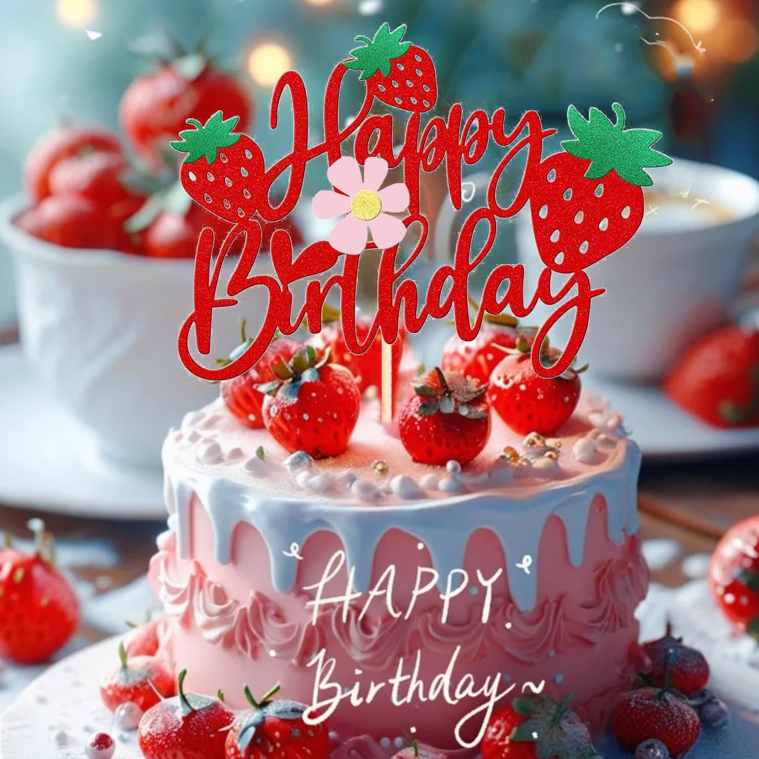 ZitTRo 1Pcs Happy Birthday Glitter Strawberry Cake Topper
