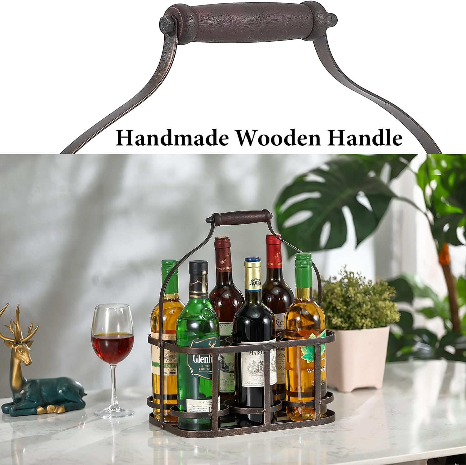 Ironlux 6 Bottle Metal Wine Carrier with Wood Handle 1
