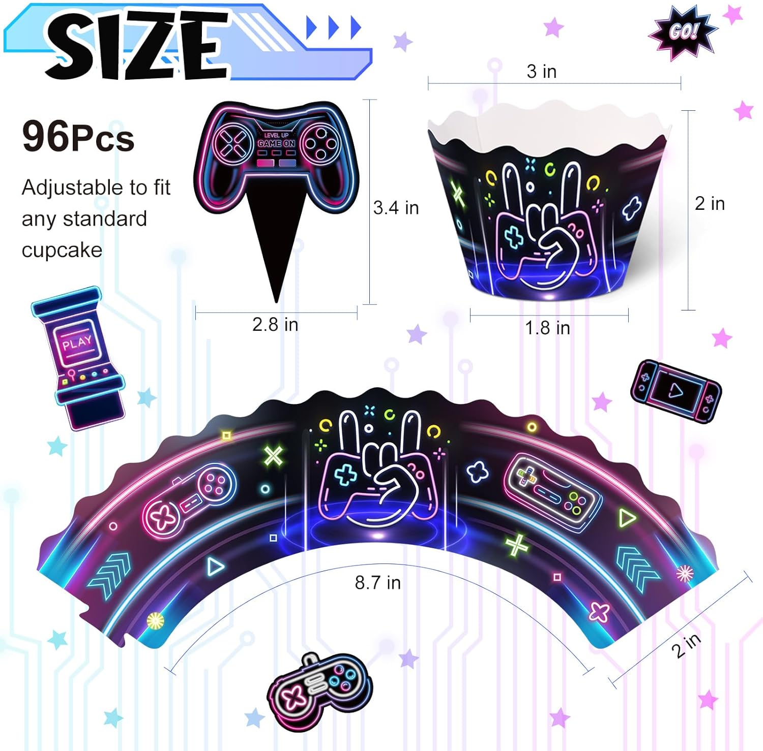 Nuenen Neon Gaming Cupcake Toppers 96 Pcs