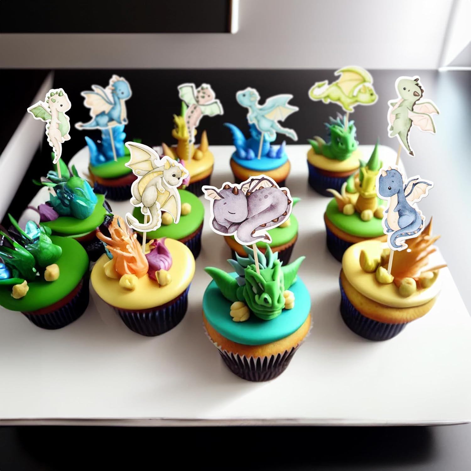 Ephlyn 36Pcs Dragon Cupcake Toppers for Birthday Party