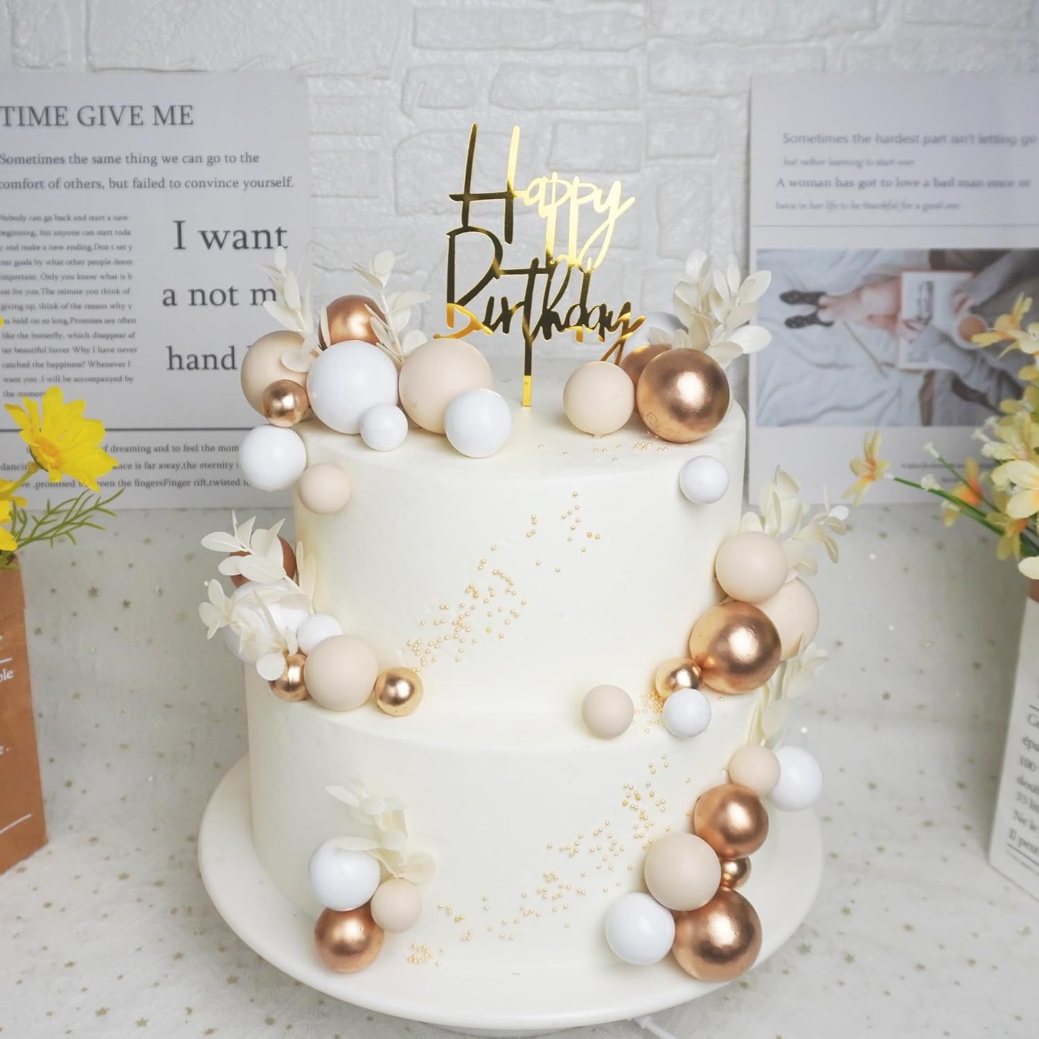DRWATE Boho Khaki White Gold Pearl Balls Cake Toppers