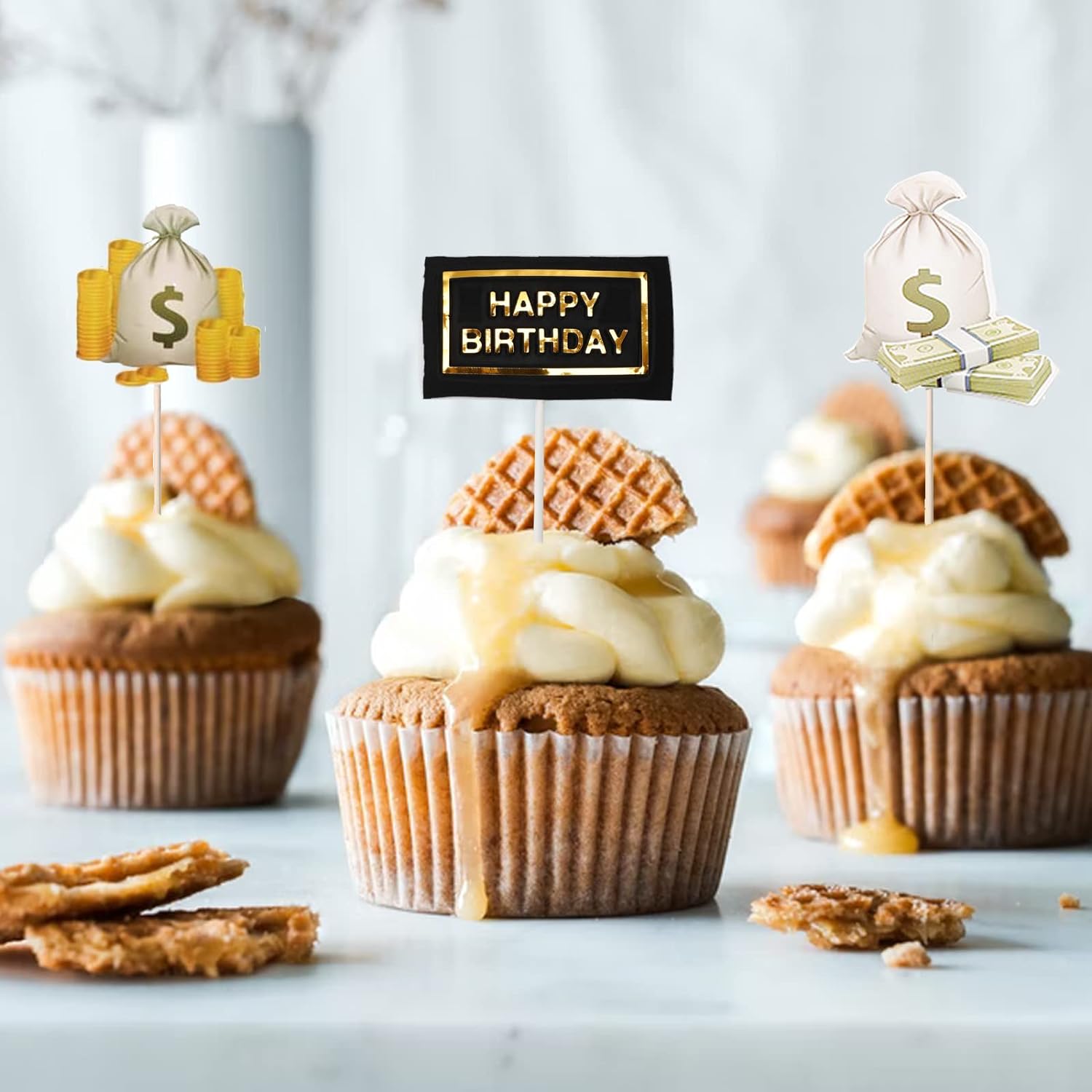 10Pcs Dollar Bill Sign Cupcake Toppers Birthday Decor