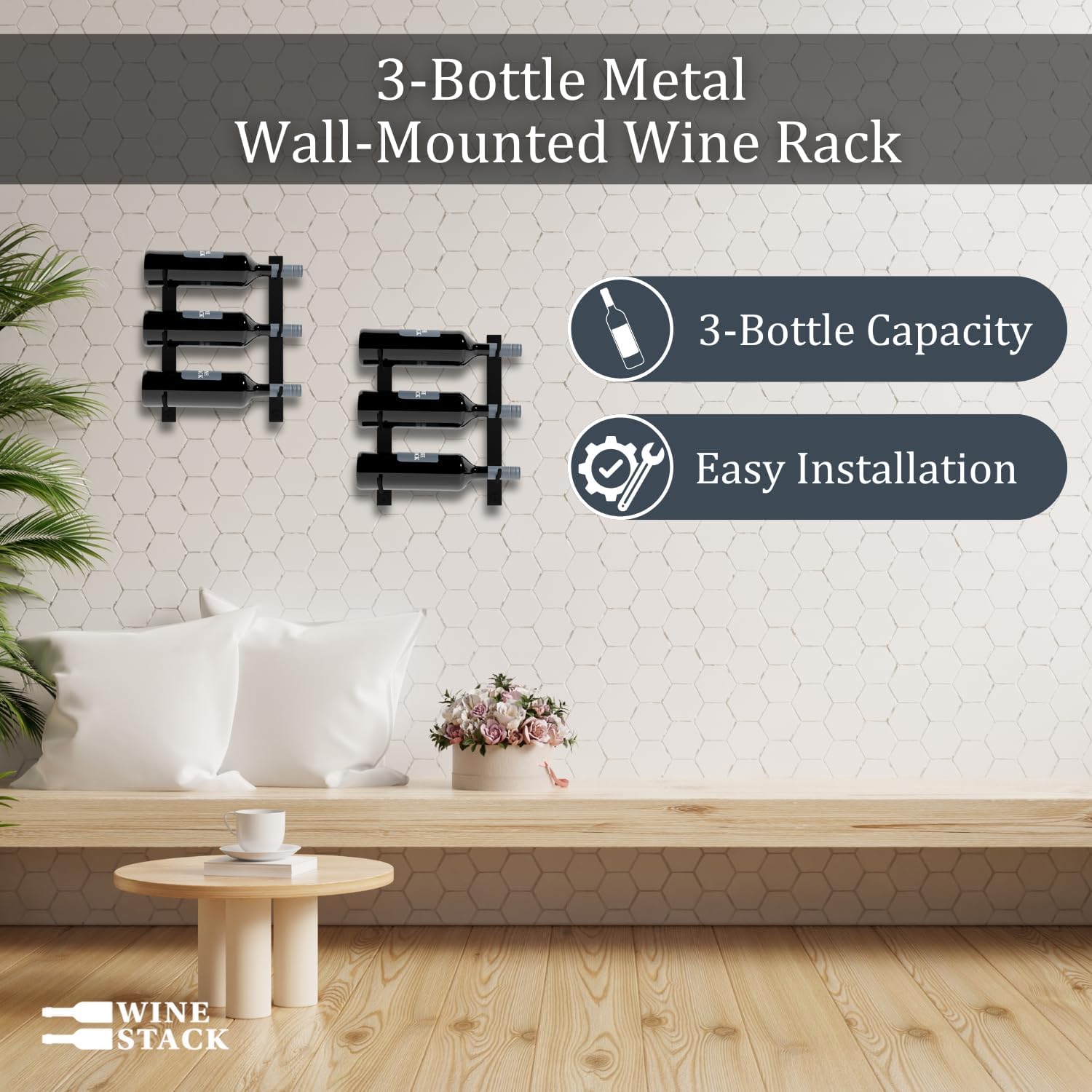 3-Bottle Black Metal Wall Wine Rack Modern Industrial Design