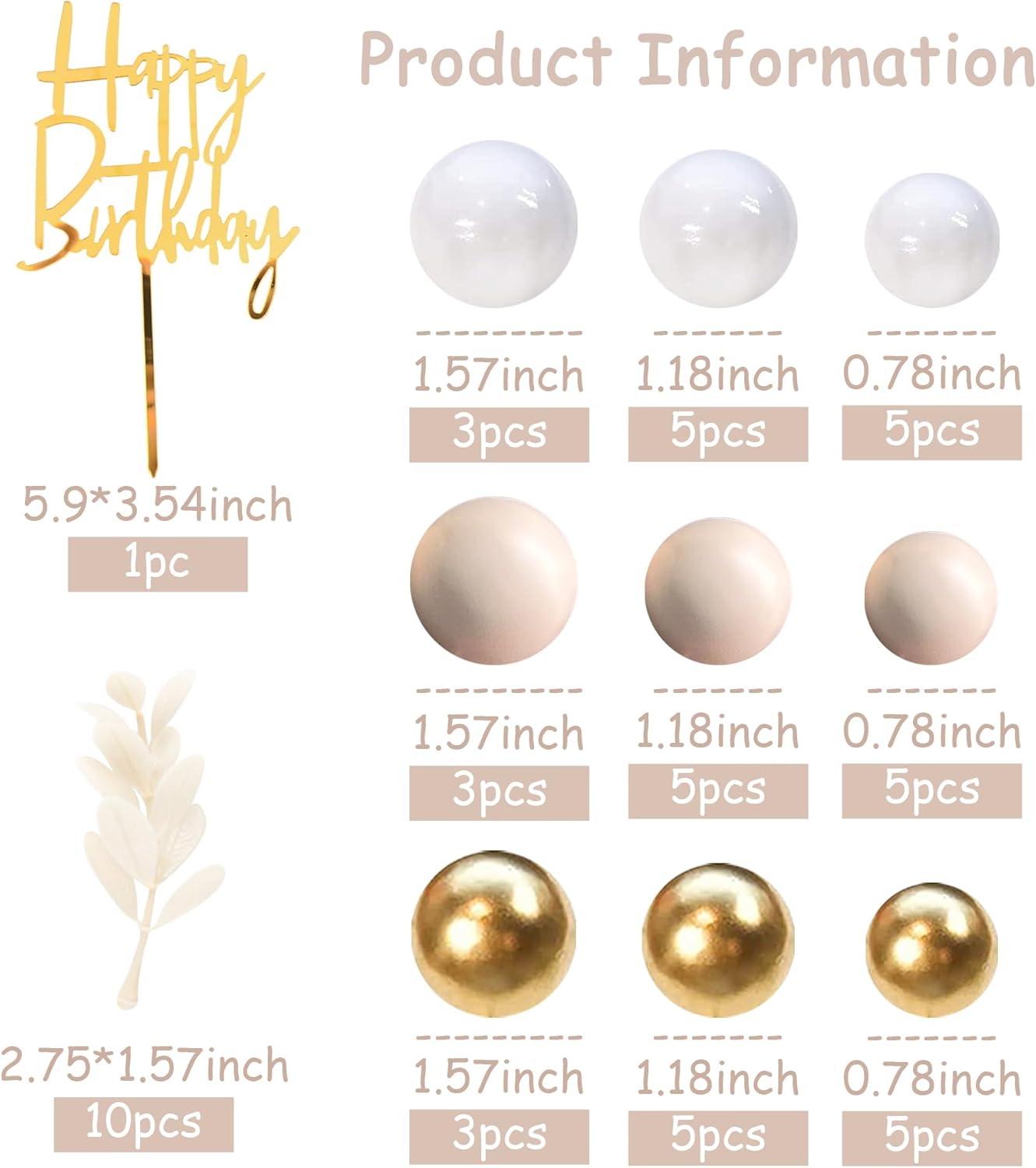DRWATE Boho Khaki White Gold Pearl Balls Cake Toppers