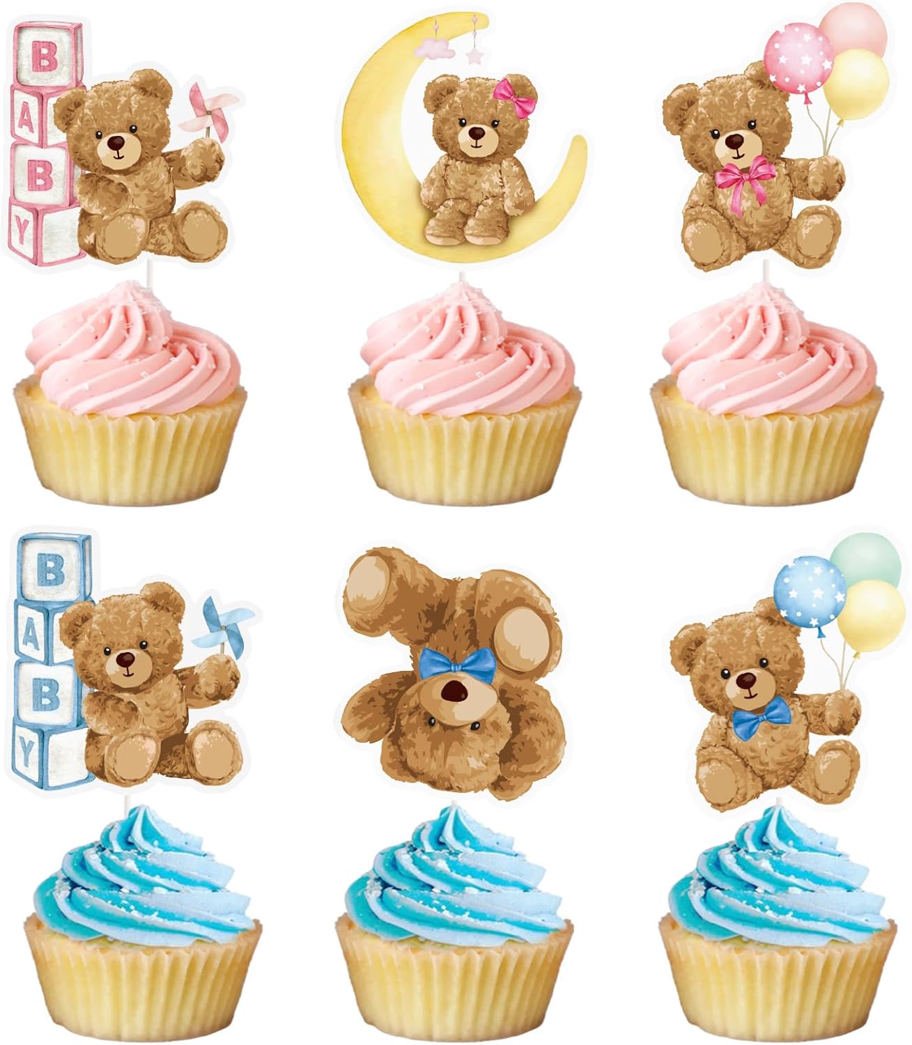30pcs Blue Pink Bear Cupcake Toppers for Gender Reveal